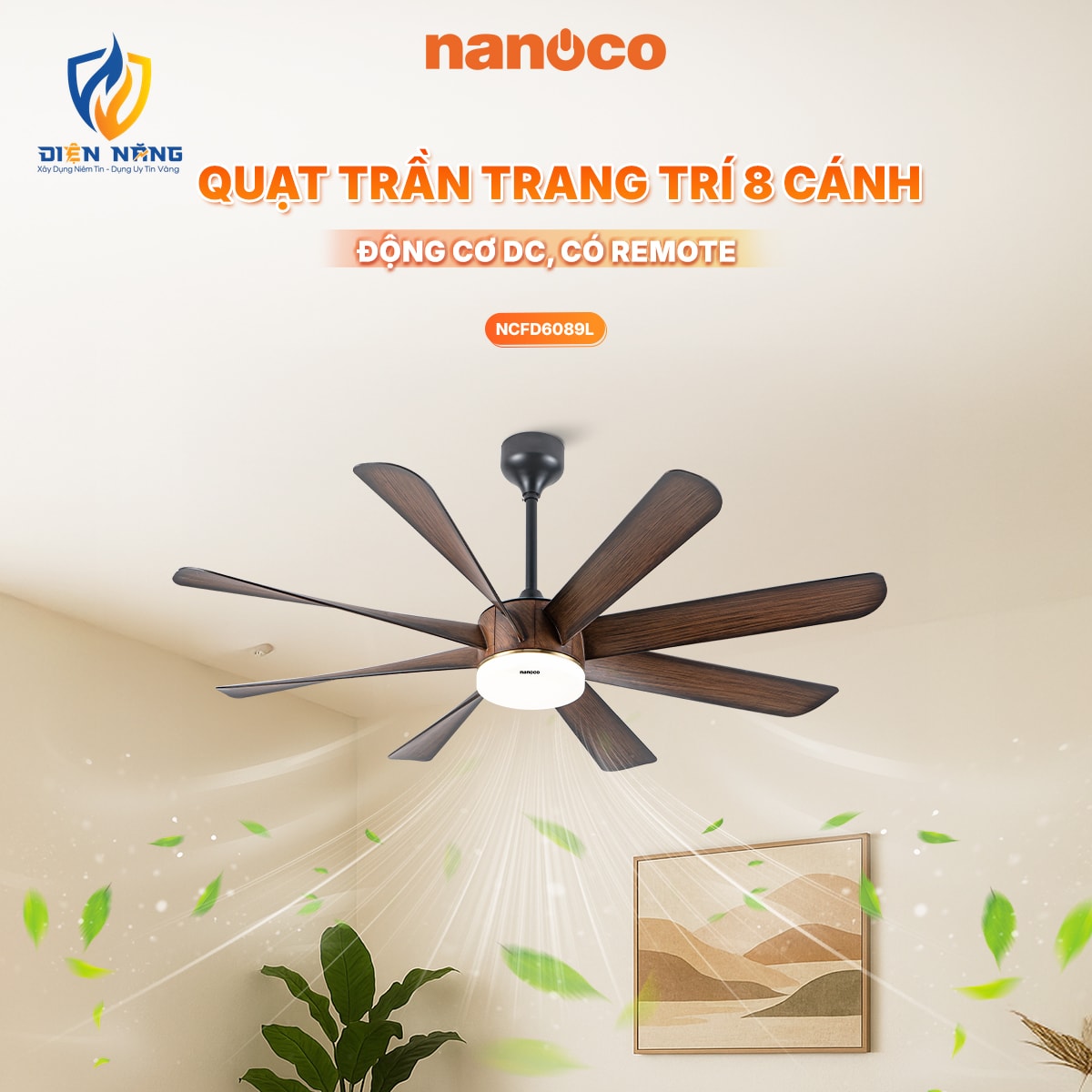 Quạt trần trang trí 8 cánh, DC, Đèn Led, remote - anh 2