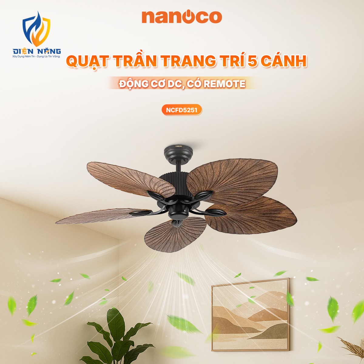 Quạt trần trang trí 5 cánh, động cơ DC, có remote - anh 2
