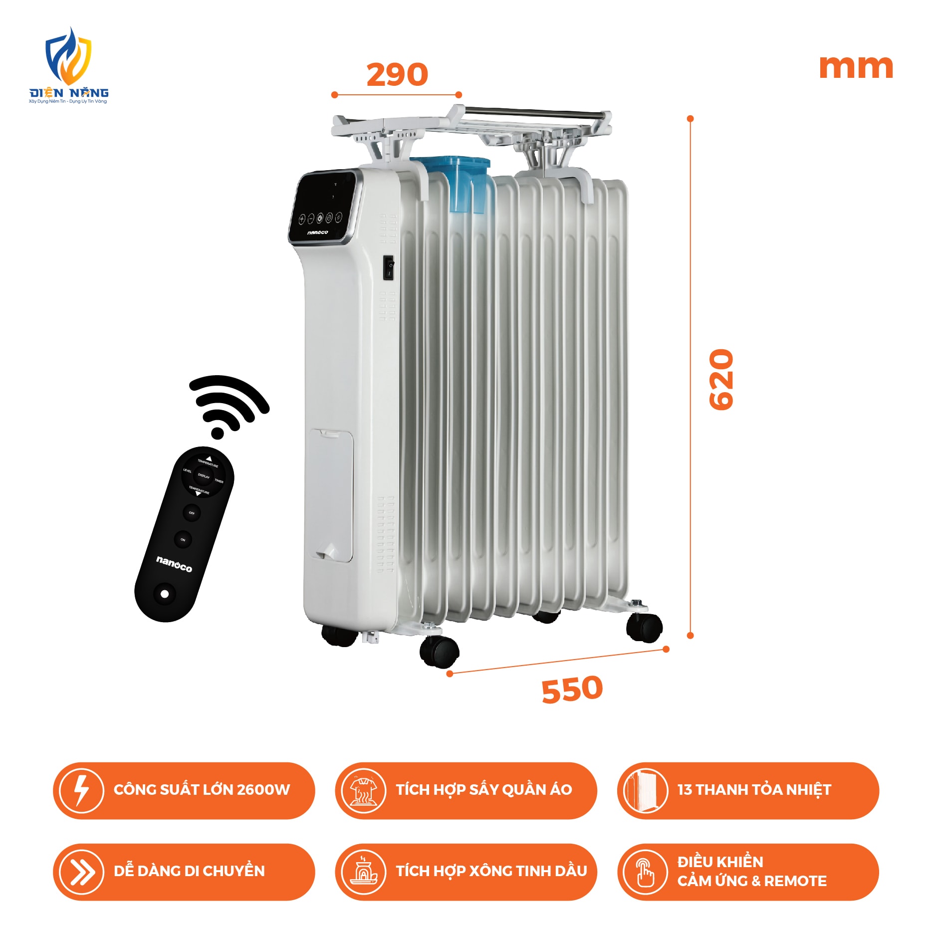 Máy sưởi dầu 2600W, 13 thanh nhiệt, cảm ứng - remote - anh 3