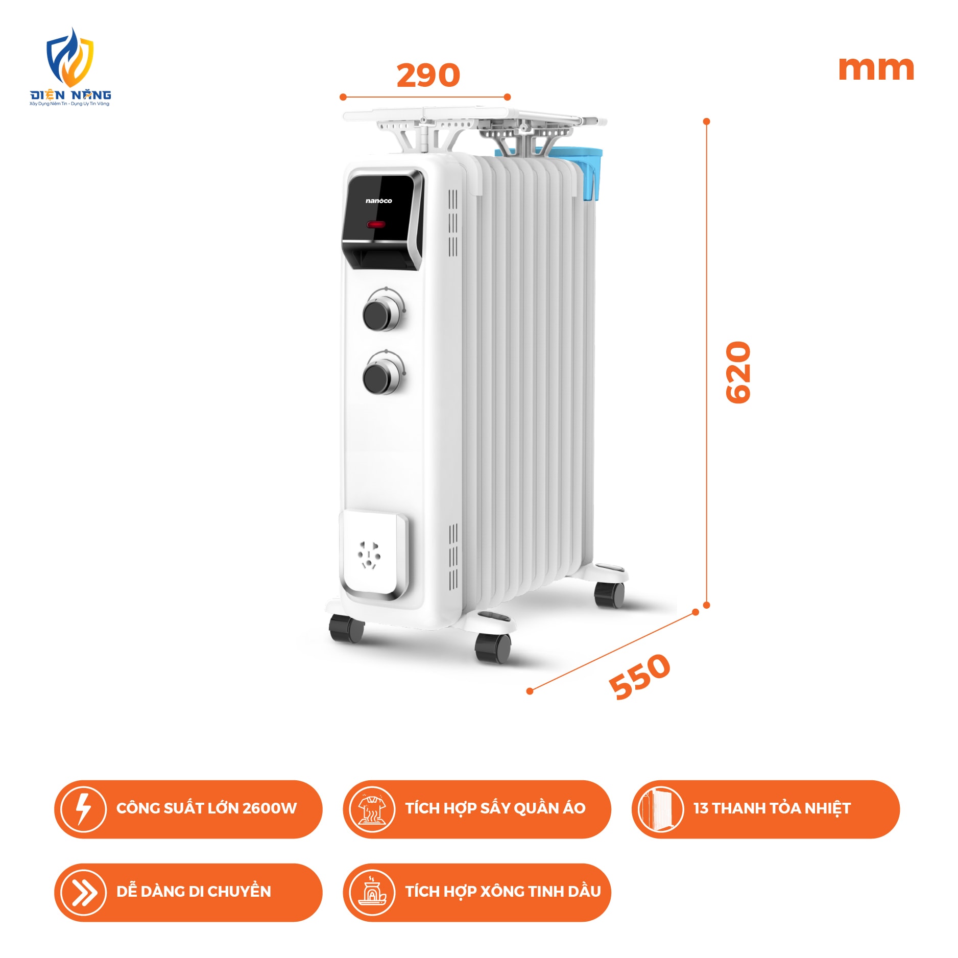 Máy sưởi dầu 2600W, 13 thanh nhiệt, nút vặn - anh 3