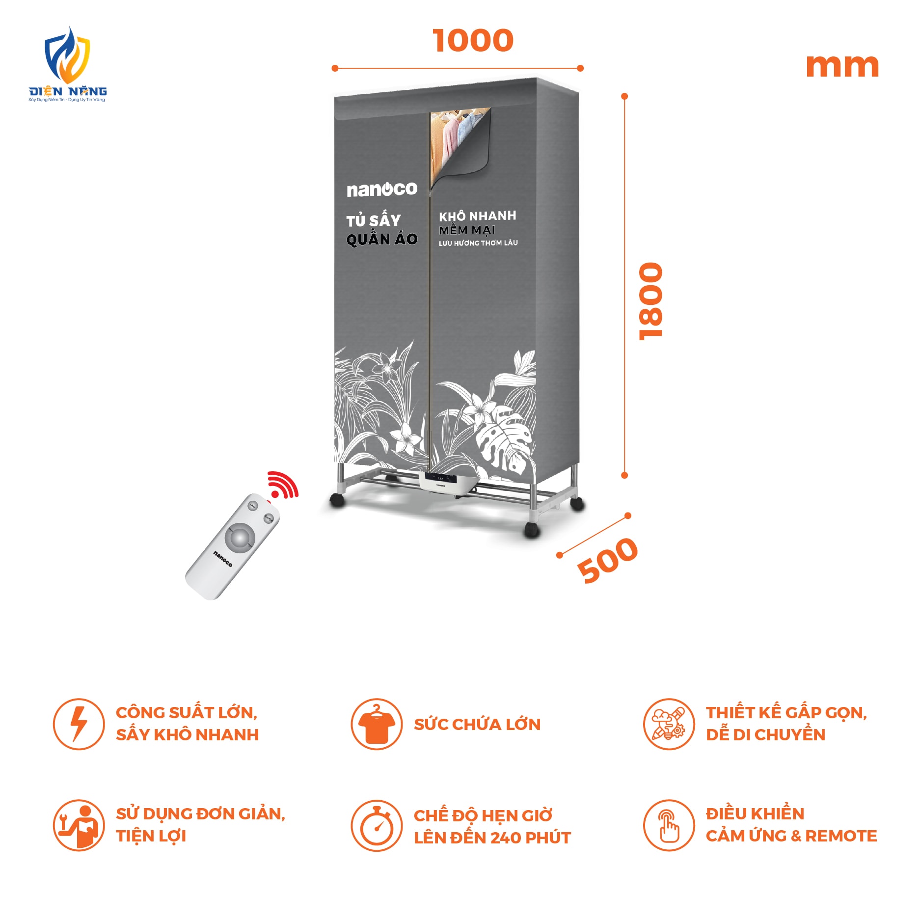 Tủ sấy quần áo 2000W, điều khiển cảm ứng - remote - anh 3