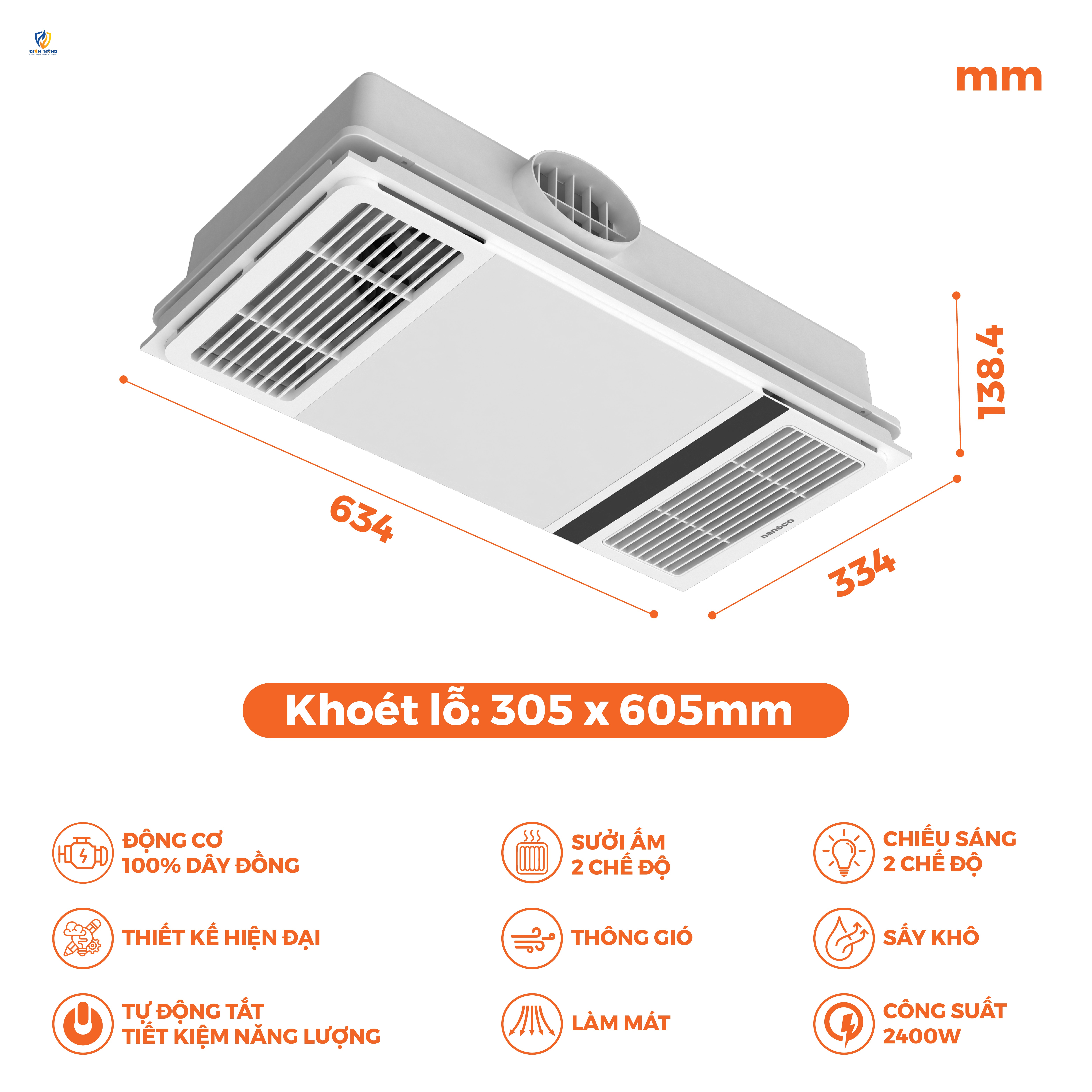 Máy hút sưởi 5in1, có remote, lỗ khoét 305x605 mm - anh 2