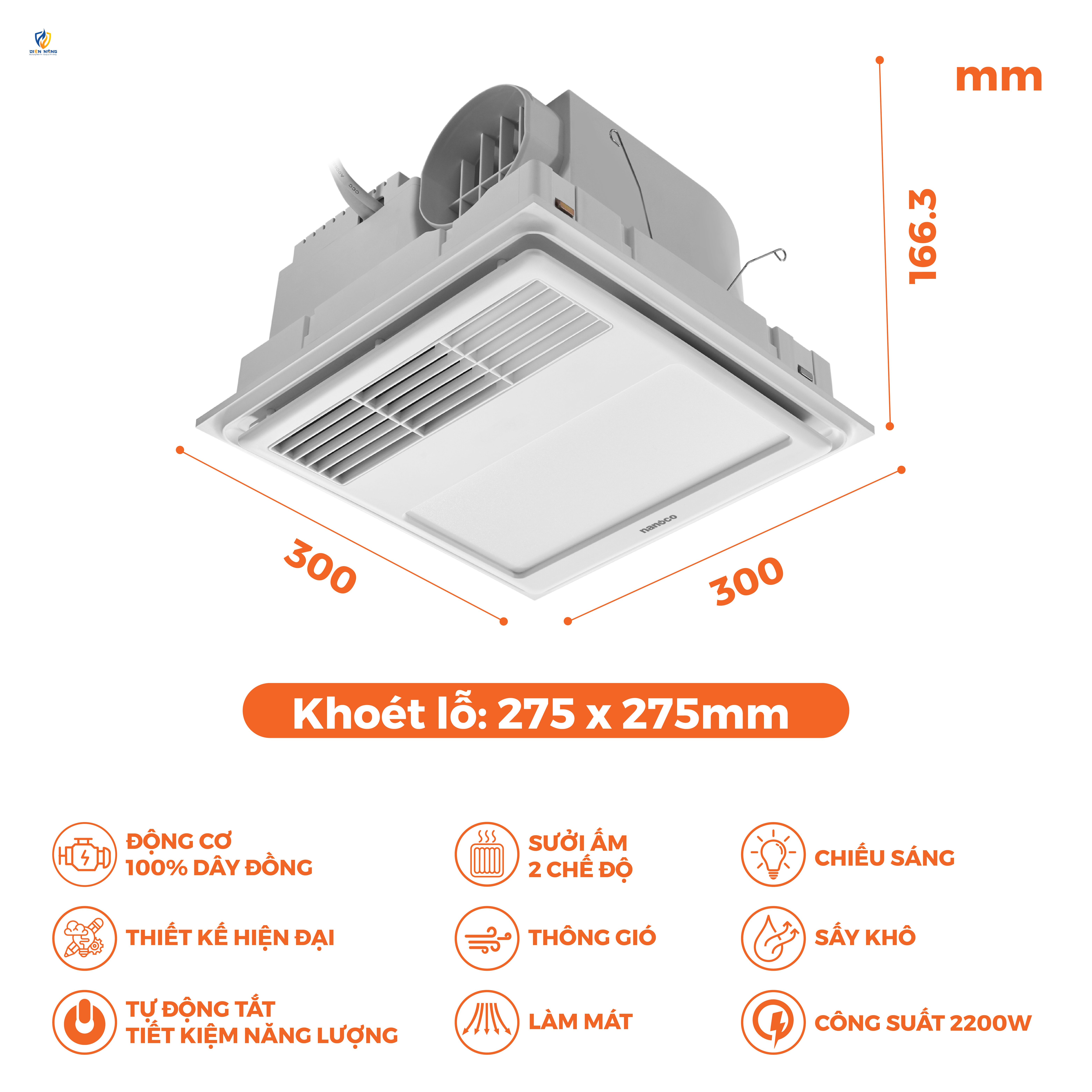 Máy hút sưởi 5in1, có remote, lỗ khoét 275x275 mm - anh 3