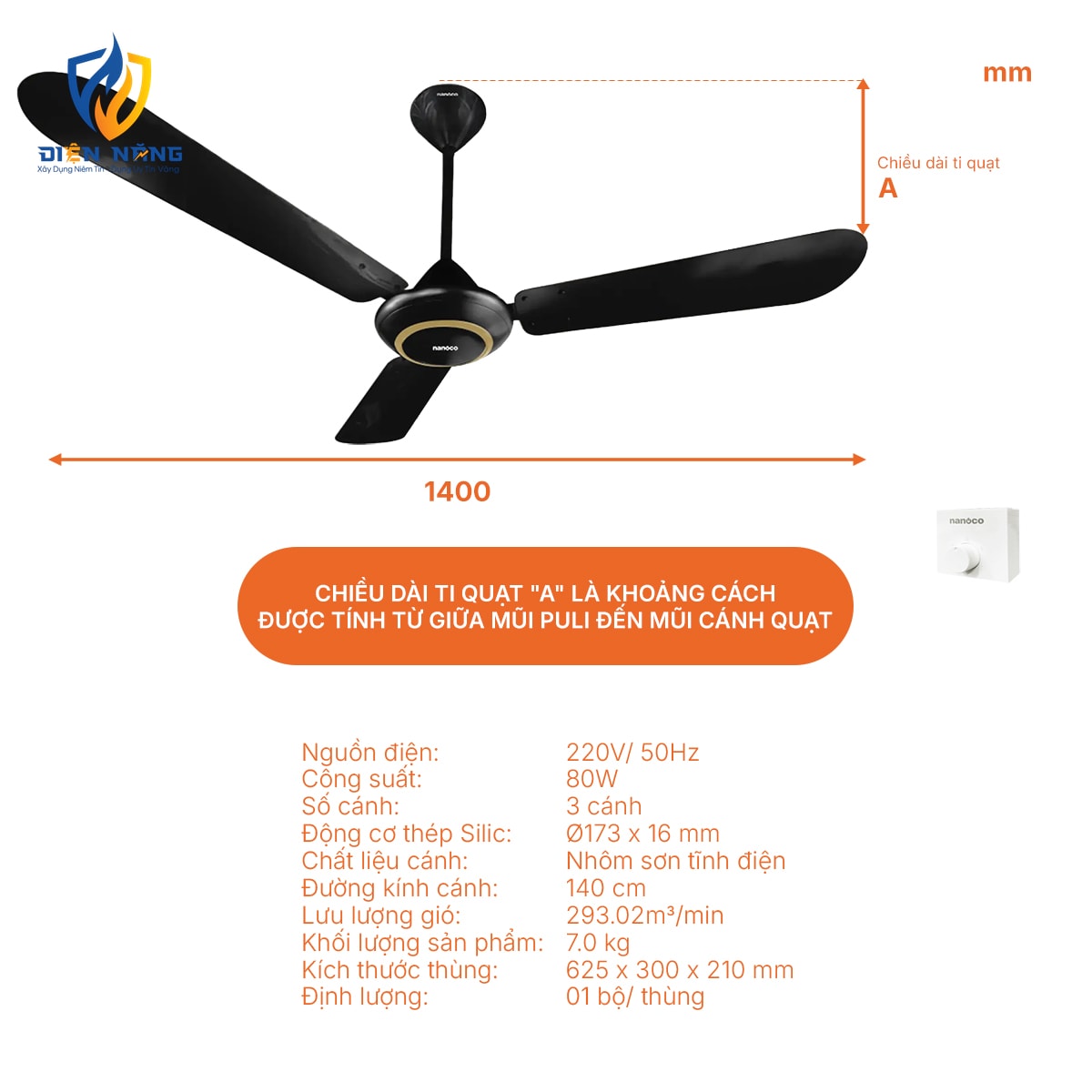Quạt trần 3 cánh nhôm, ti 40 cm - anh 6