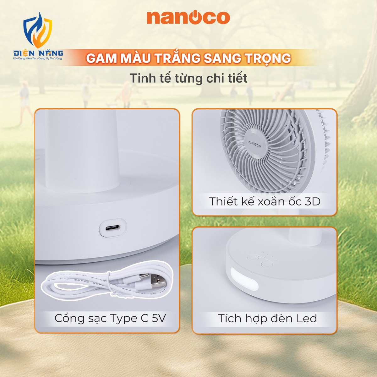 Quạt sạc 8inch, màu trắng, có xoay, đèn - anh 6