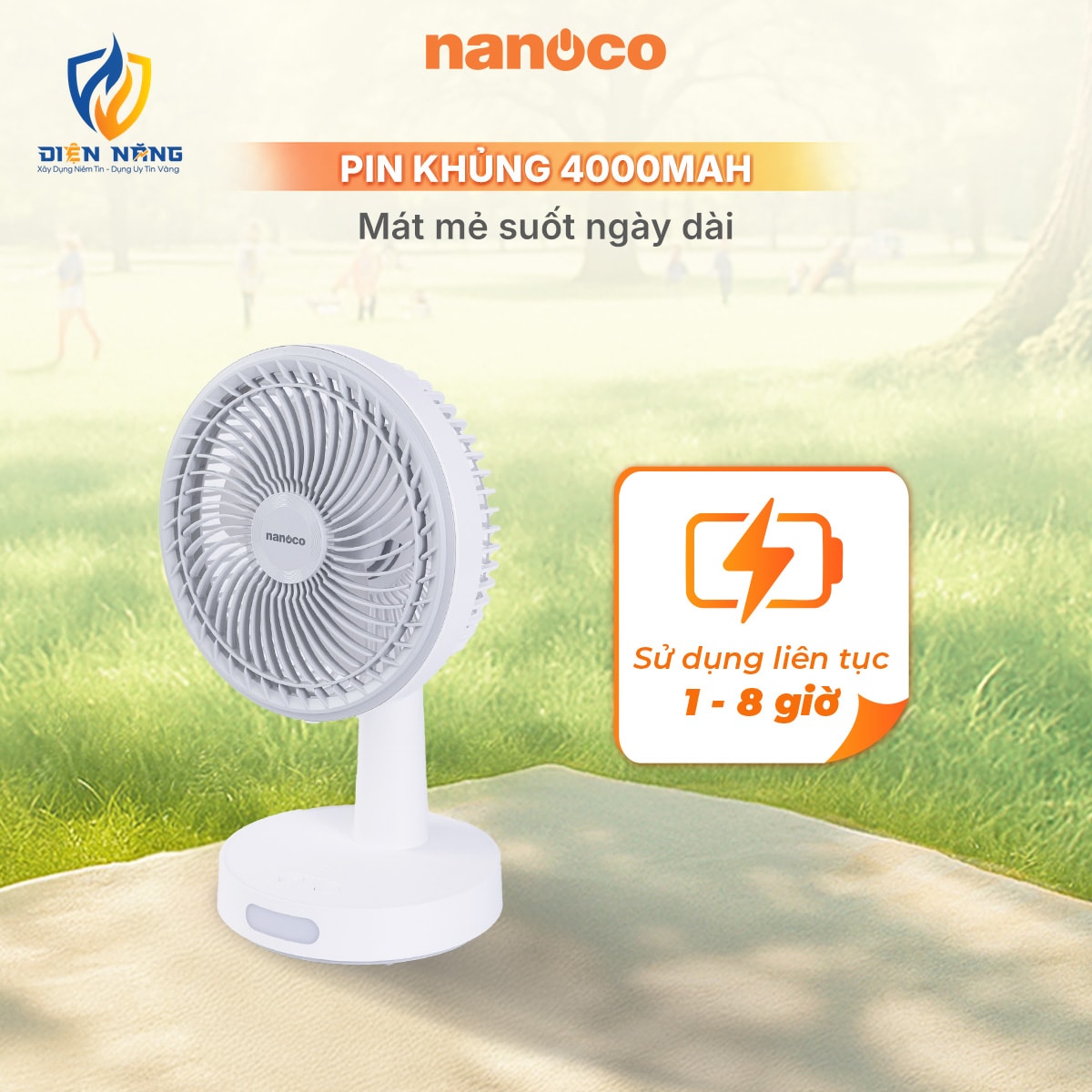 Quạt sạc 8inch, màu trắng, có xoay, đèn - anh 5