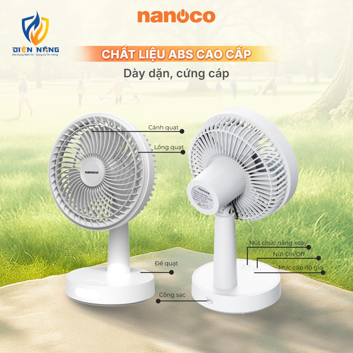 Quạt sạc 8inch, màu trắng, có xoay, đèn - anh 4