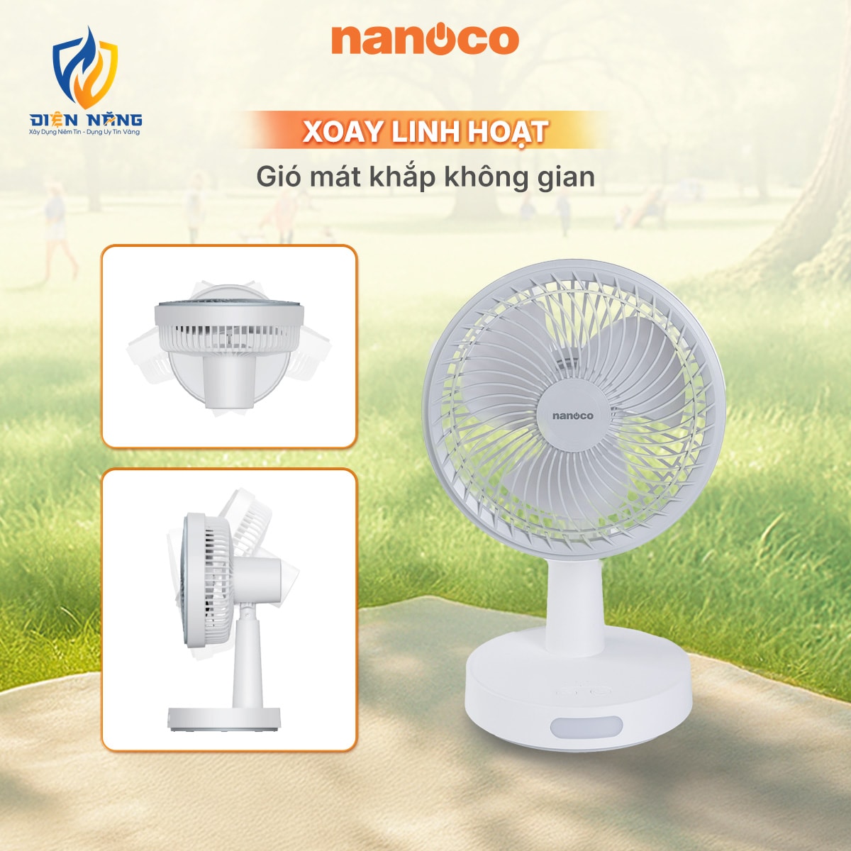 Quạt sạc 8inch, màu trắng, có xoay, đèn - anh 3