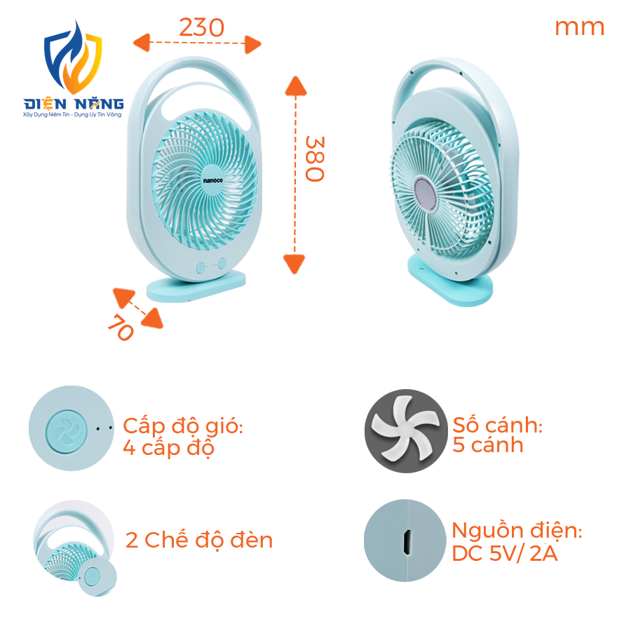 Quạt sạc hộp mini 6inch, có đèn LED - anh 3