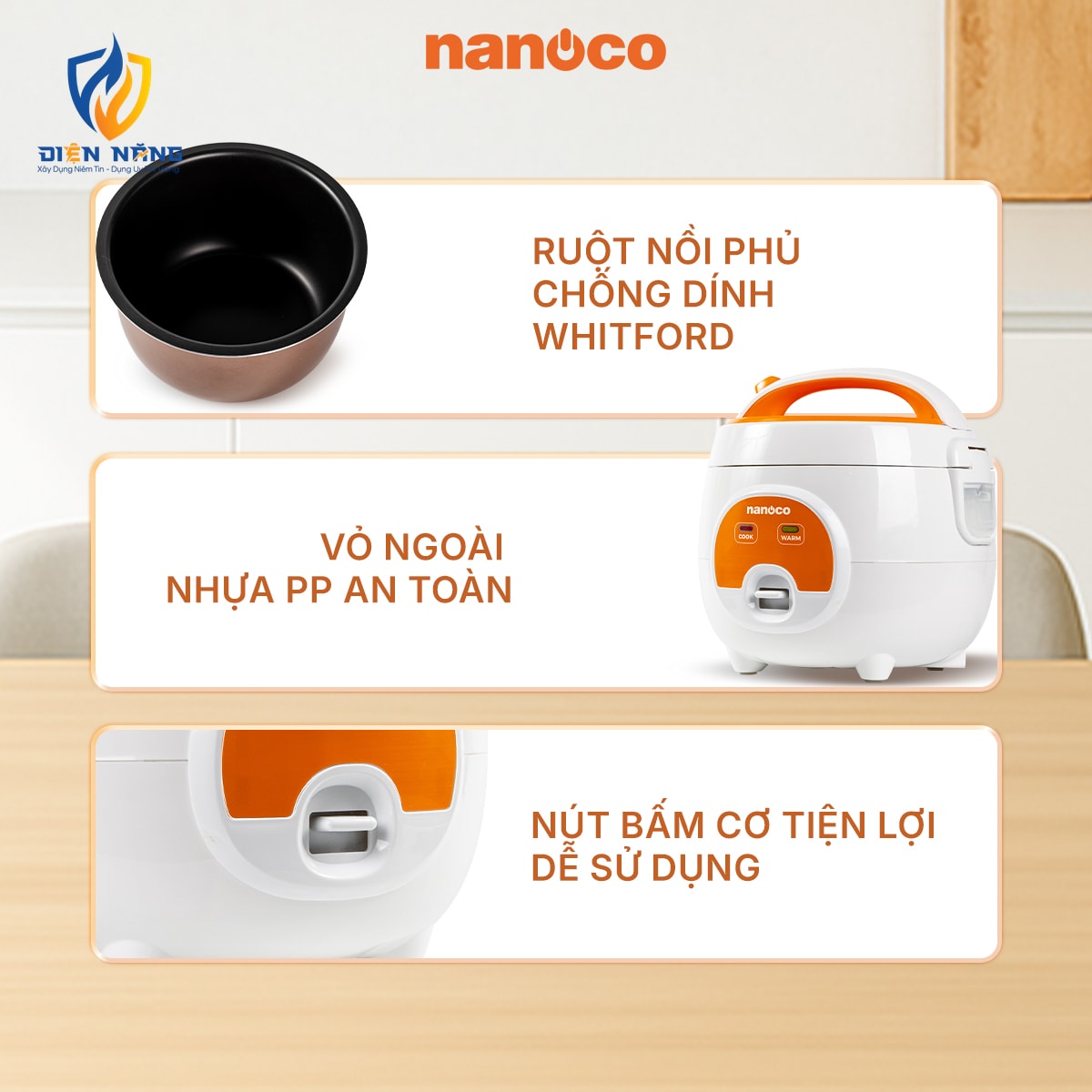 Nồi cơm điện, 0.8L, màu trắng-cam - anh 4