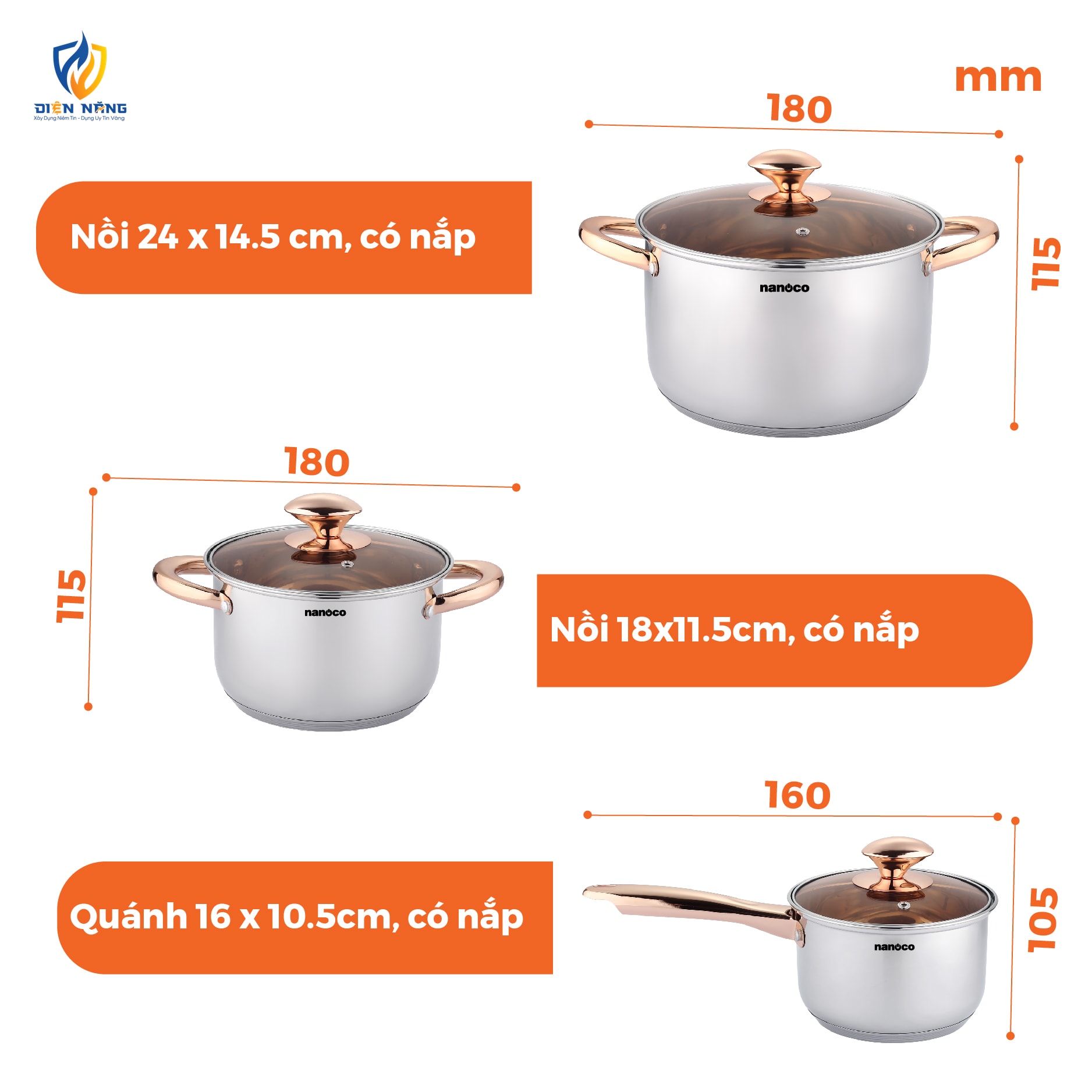 Bộ nồi chảo inox 304, D16-D-18-D24, D24 - anh 5