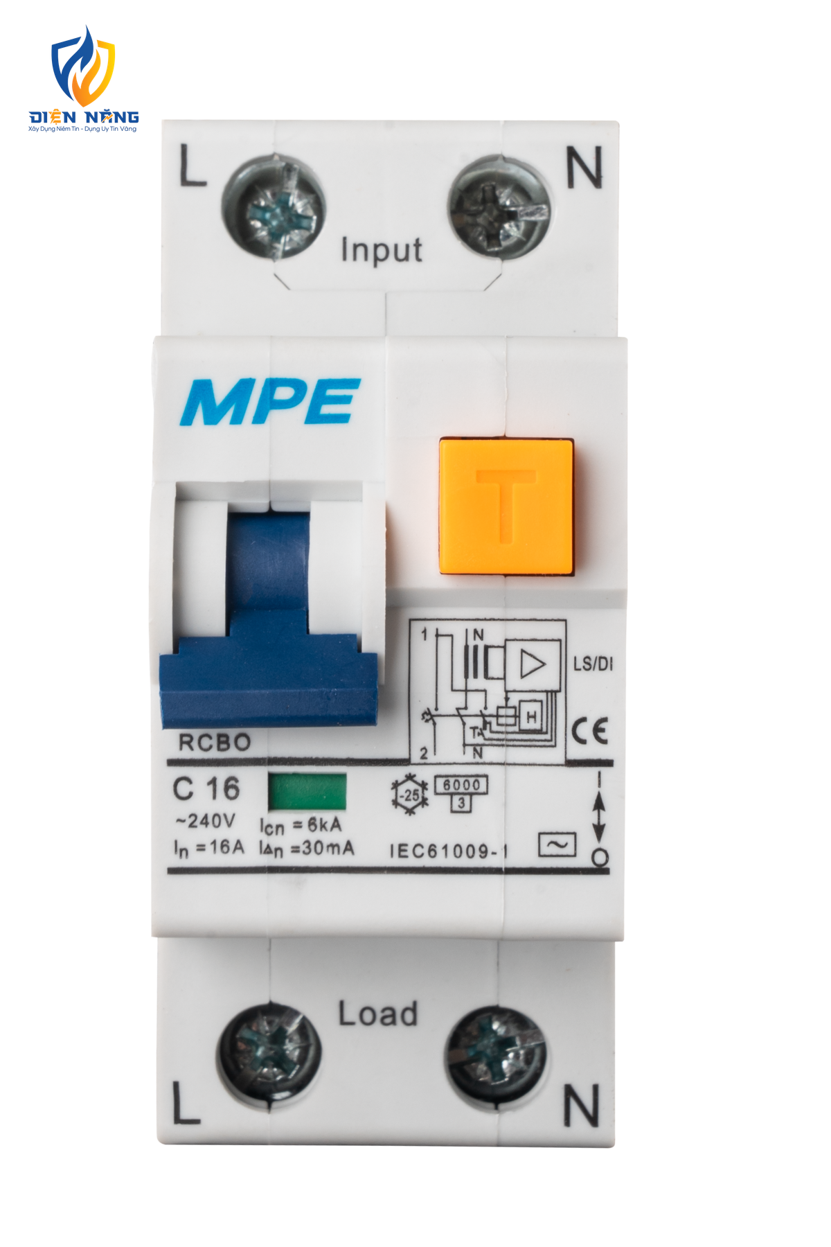 Cầu dao bảo vệ dòng rò, quá tải và ngắn mạch RCBO 2 cực, 16A, 15mA, 6kA mã RCBO-15/216