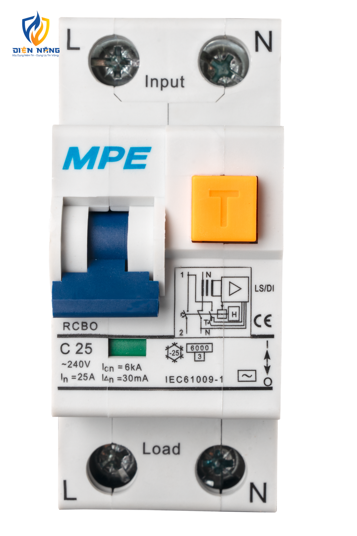Cầu dao bảo vệ dòng rò, quá tải và ngắn mạch RCBO 2 cực, 25A, 30mA, 6kA mã RCBO-30/225