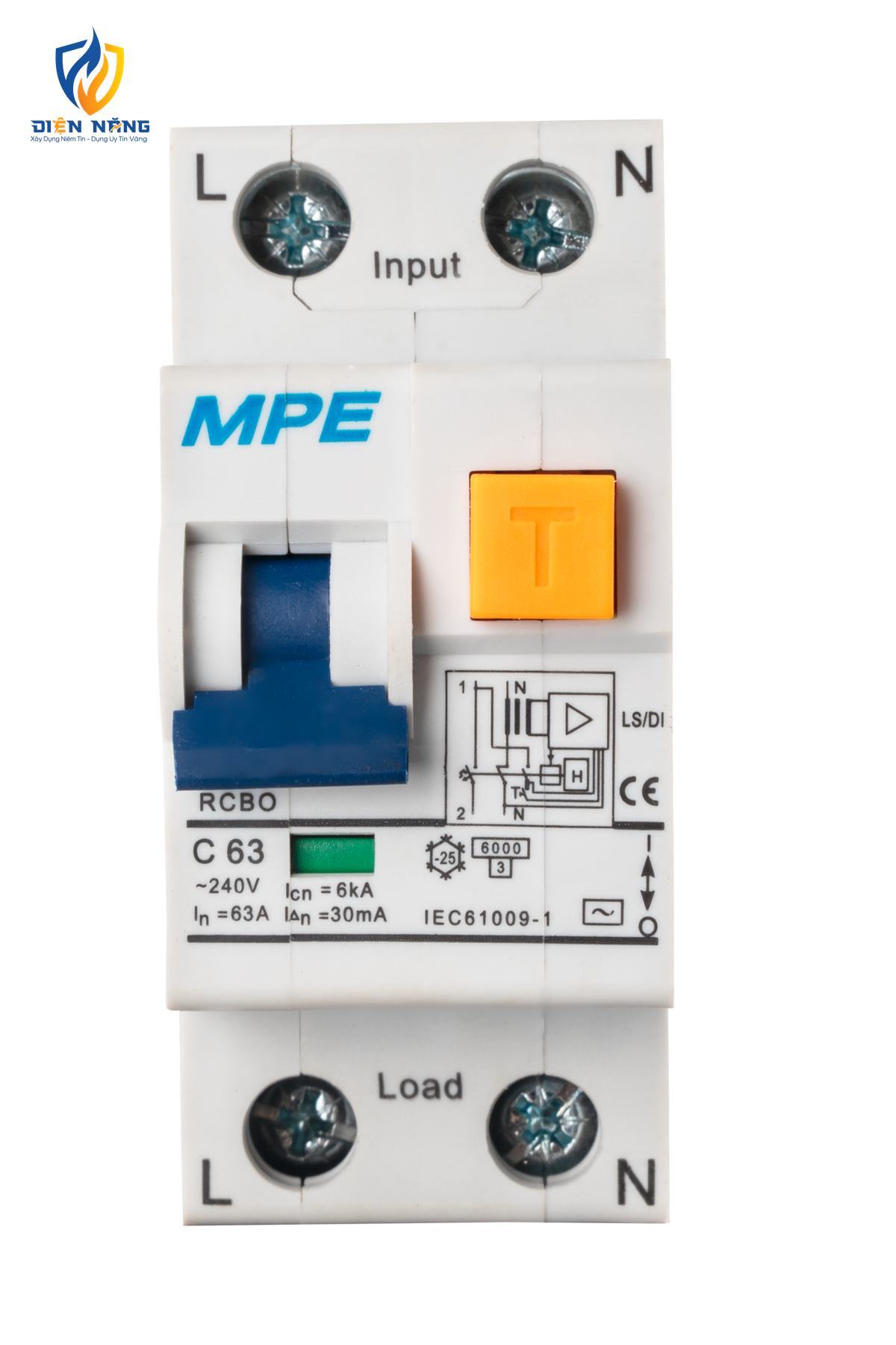 Cầu dao bảo vệ dòng rò, quá tải RCBO 2 cực, 63A, 30mA, 6kA mã RCBO-30/263