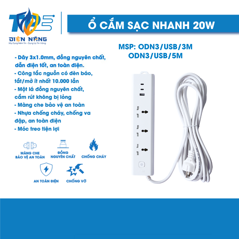 Ổ Cắm Điện TPE Sạc Nhanh 20W USB – Type C