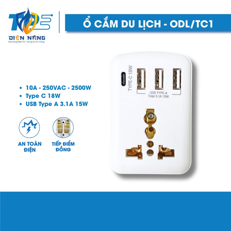 Ổ Cắm Du Lịch TPE ODL/TC1- 1 Ổ 3 Chấu, 3 Cổng Sạc Type A, 1 Cổng Sạc Nhanh Type C 18W