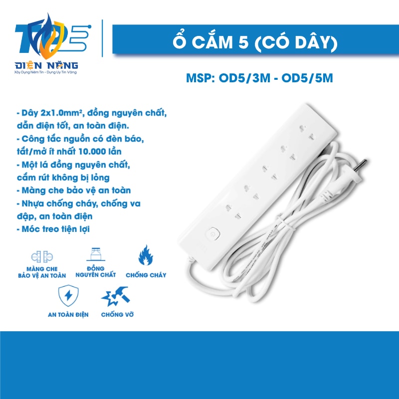 Ổ Cắm Điện TPE – 5 Lỗ (Dây 3M, 5M)