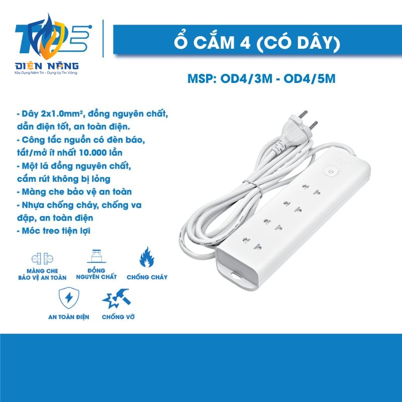 Ổ Cắm Điện TPE – 4 Lỗ (Dây 3M,5M)