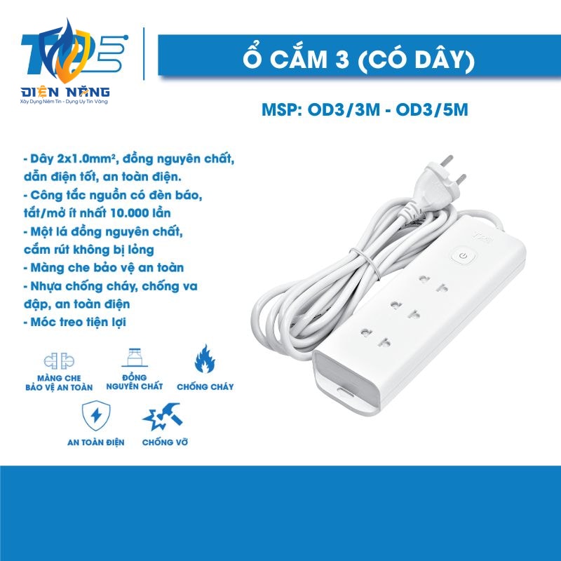Ổ Cắm Điện TPE – 3 Lỗ (Dây 3M,5M)