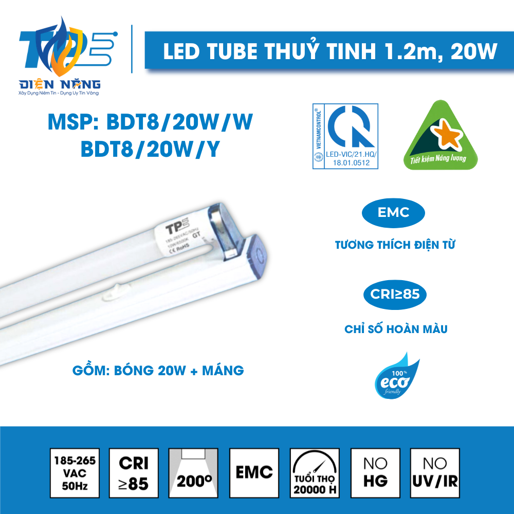 Bộ Đèn Led Tube Thuỷ Tinh T8 1.2M 20W – ( Bóng 20W + Máng )