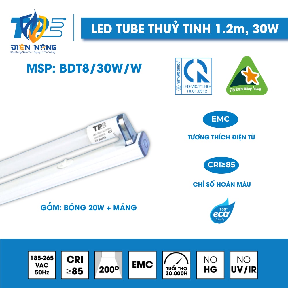 Bộ Đèn Led Tube Thuỷ Tinh T8 1.2M 30W – ( Bóng 30W + Máng )