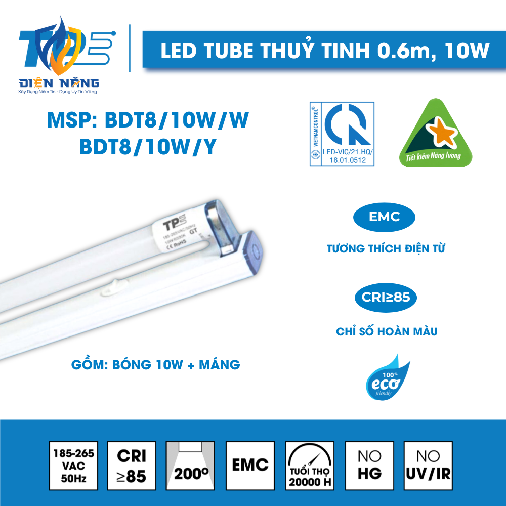 Bộ Đèn Led Tube Thuỷ Tinh T8 0.6M 10W – ( Bóng 10W + Máng )