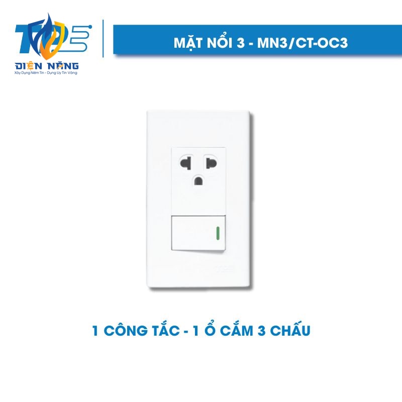 Mặt nổi 3, 1 công tắc – 1 ổ cắm 3 chấu