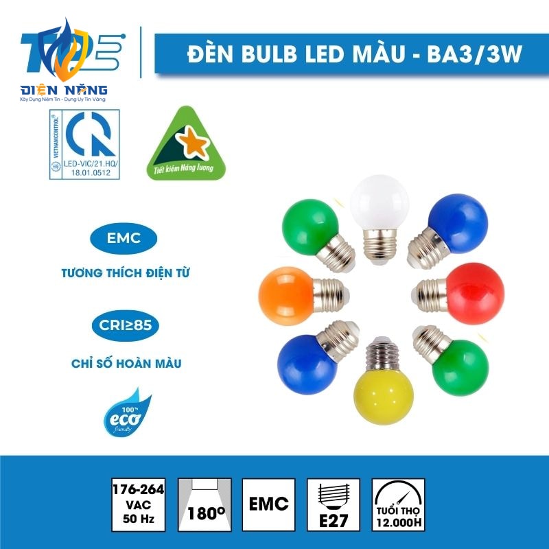 Led bulb tròn 3W đủ màu