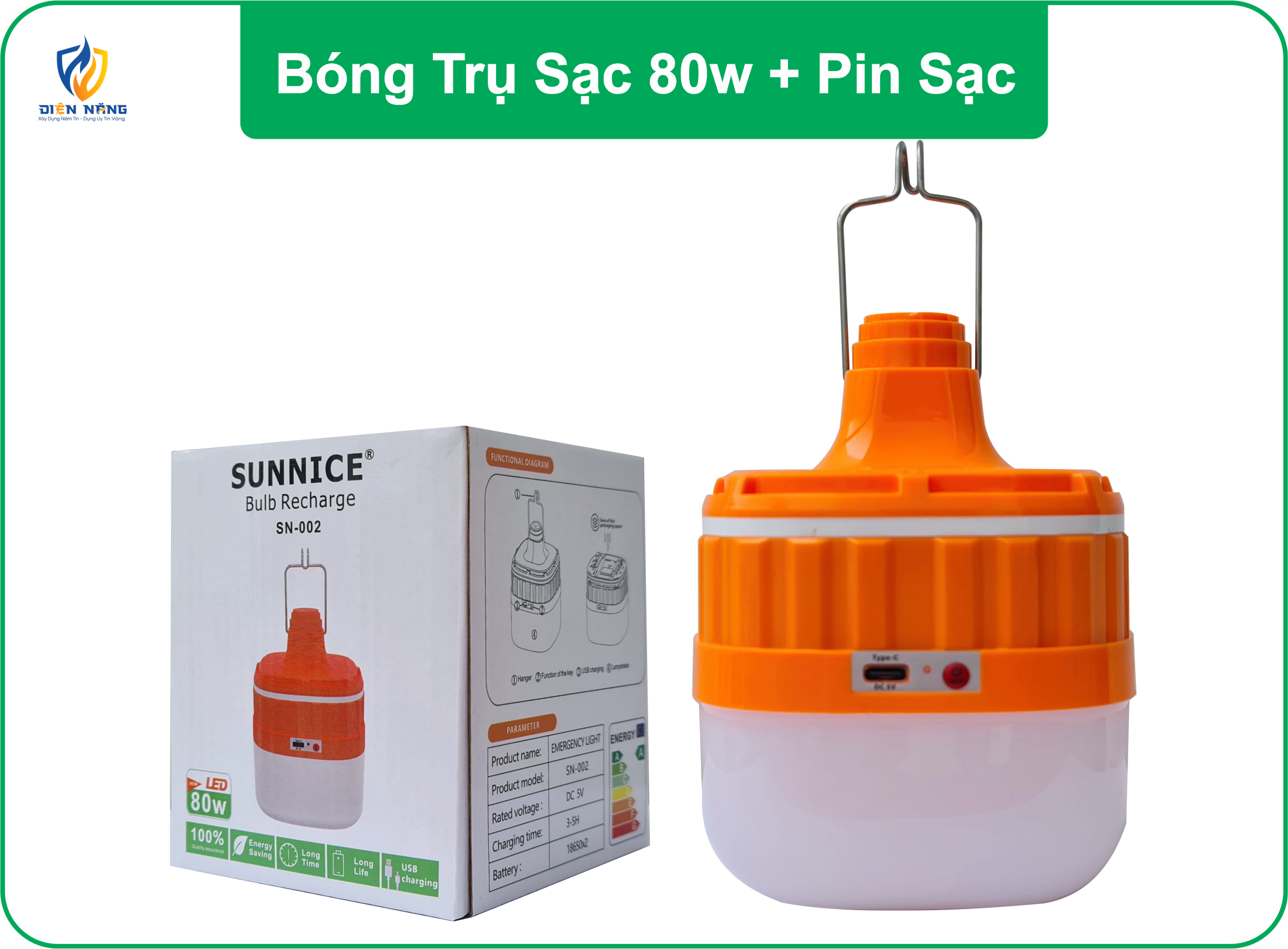 Bóng trụ sạc 80w+Pin sạc SUNNICE (xanh lá + cam) - anh 2