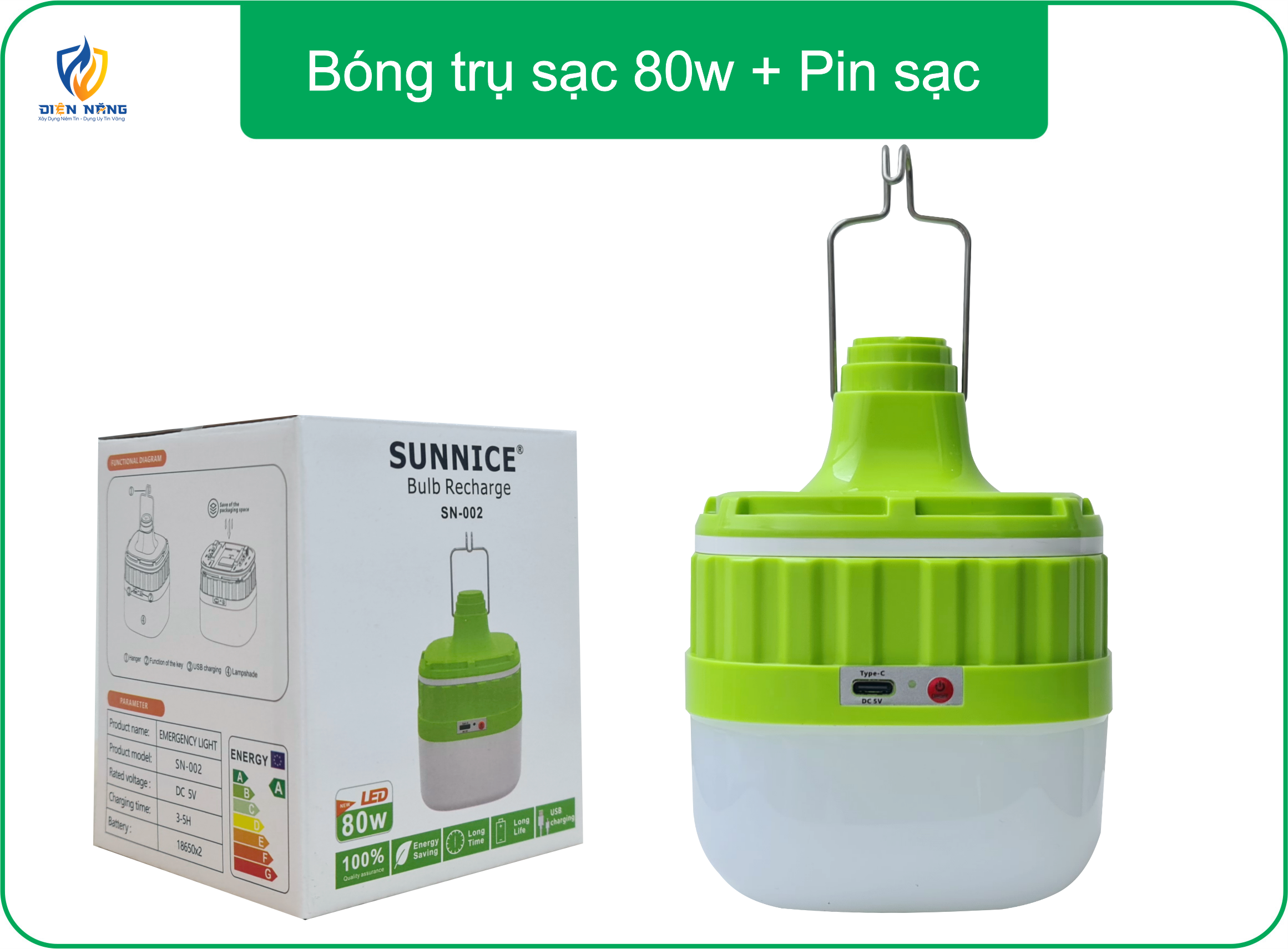 Bóng trụ sạc 80w+Pin sạc SUNNICE (xanh lá + cam)