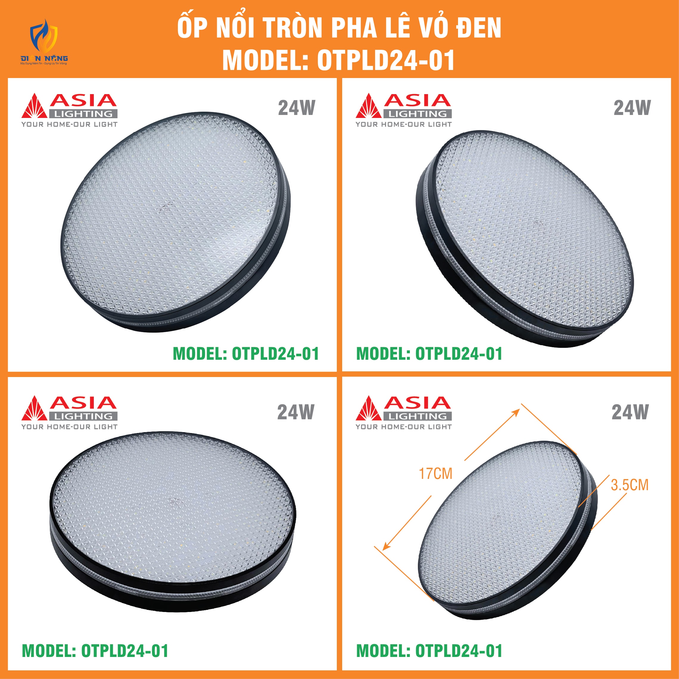 Ốp nổi tròn pha lê vỏ đen 24W - anh 2