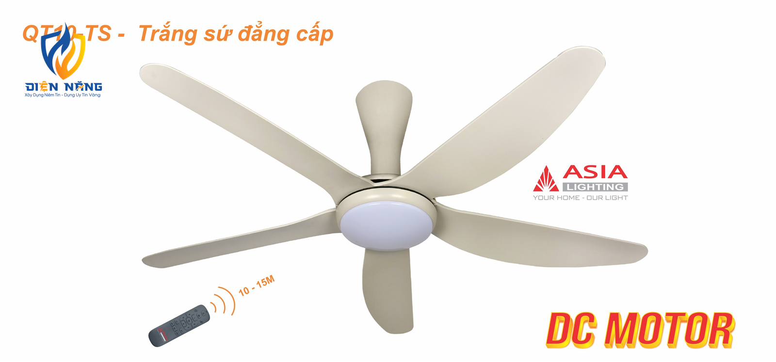 Quạt trần đèn cao cấp QT10-TS-01 - Trắng sứ
