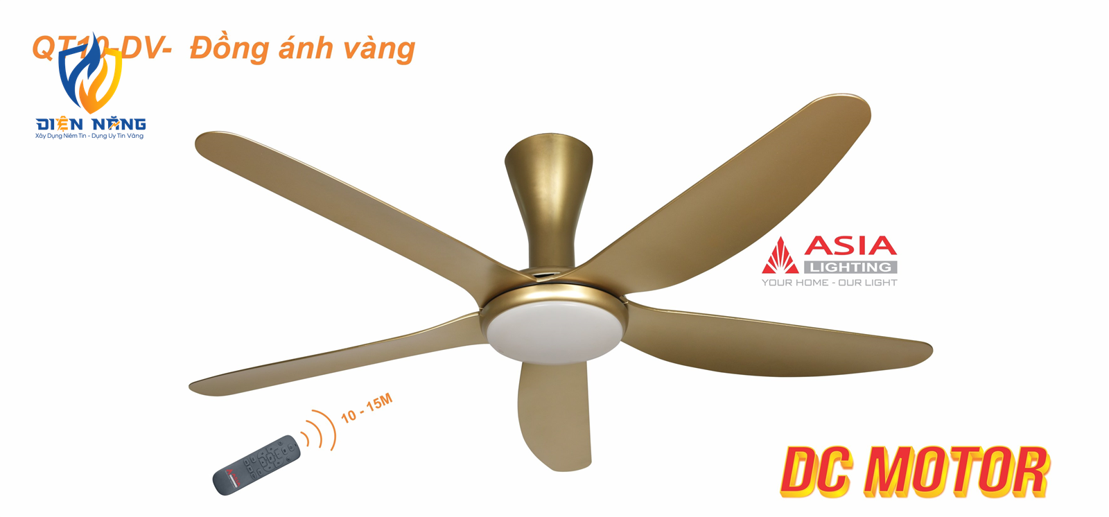 Quạt trần đèn cao cấp QT10-DV-01 - Đồng ánh vàng