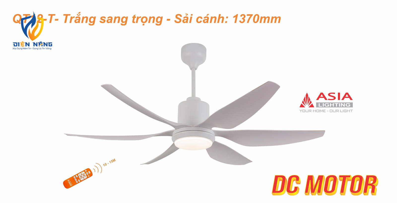 Quạt trần đèn cao cấp 6 cánh - sải cánh 1370 - QT12-T-01 - Trắng sang trọng