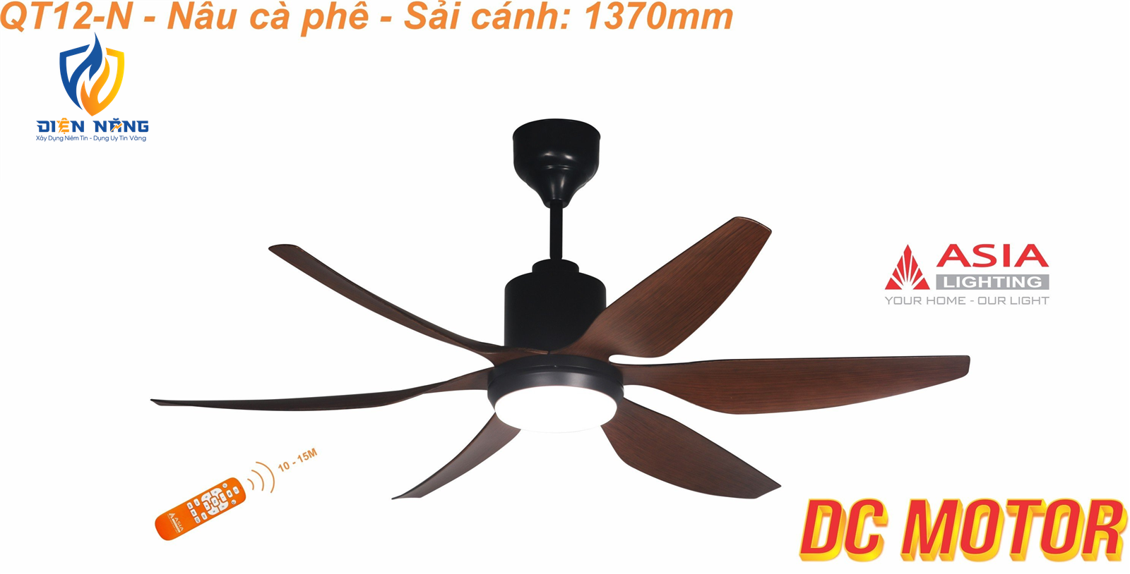 Quạt trần đèn cao cấp 6 cánh - sải cánh 1370 - QT12-N-01 - Nâu cà phê
