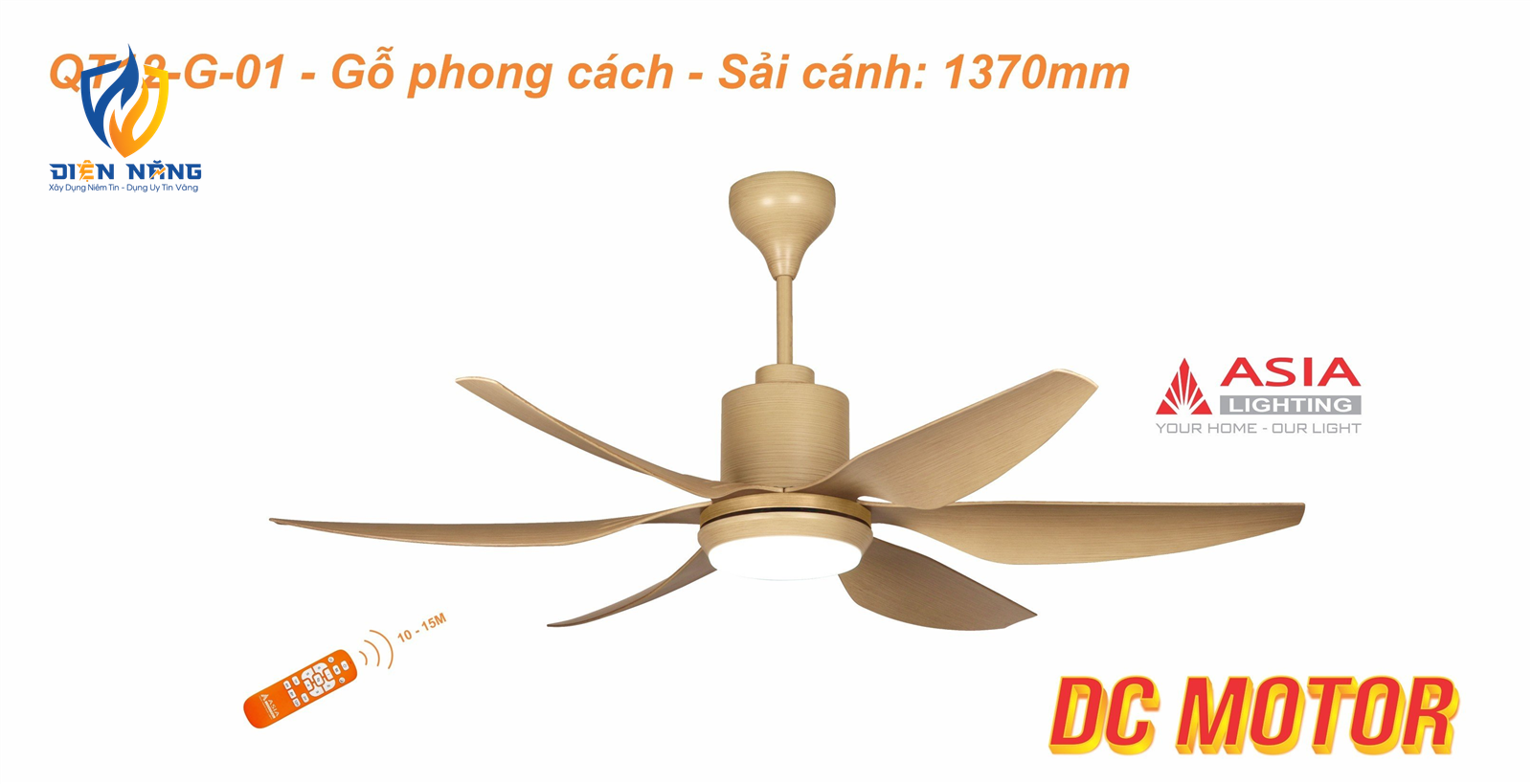 Quạt trần đèn cao cấp 6 cánh - sải cánh 1370 - QT12-G-01 - Gỗ phong cách