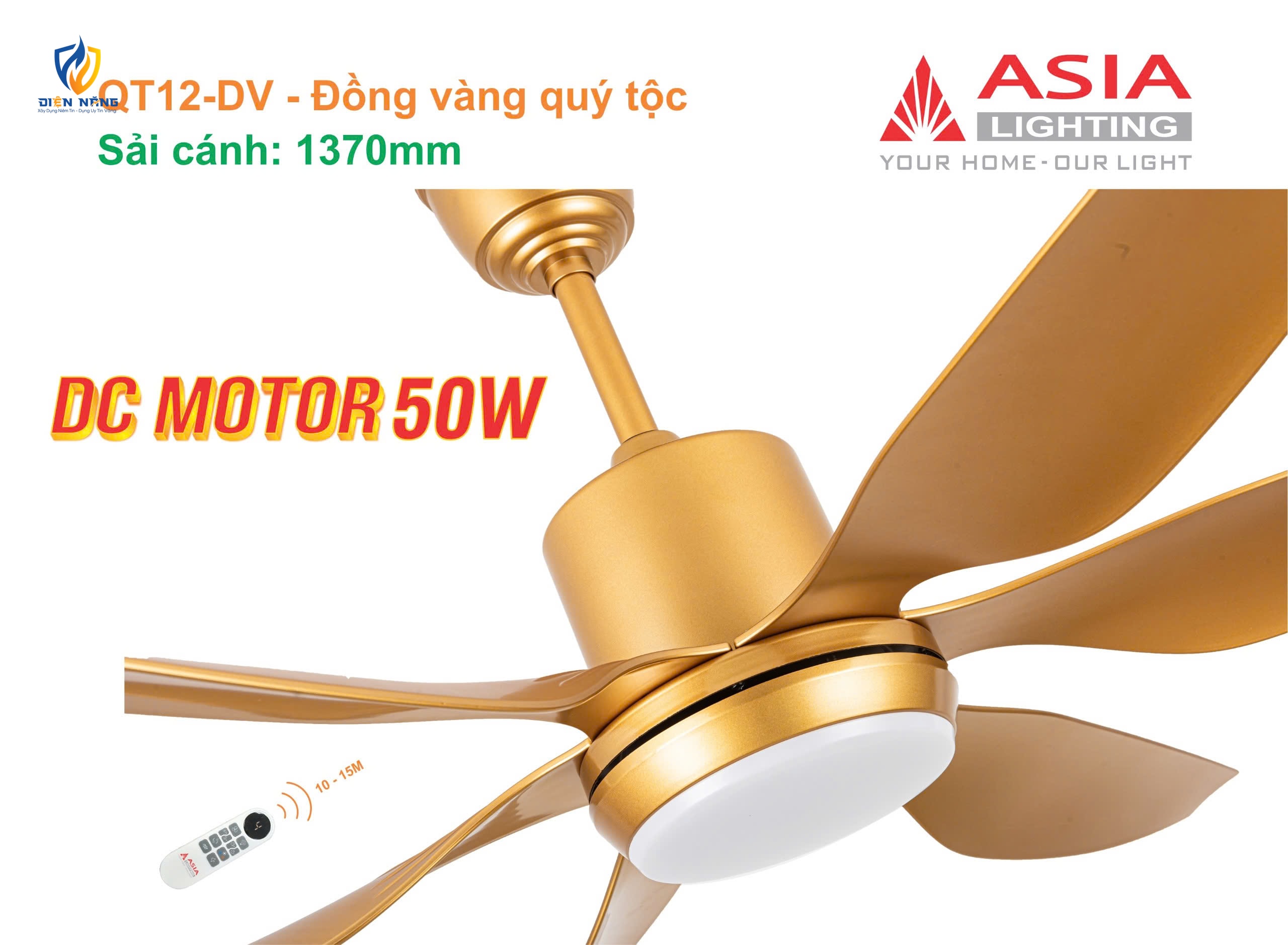 Quạt trần đèn cao cấp 6 cánh - sải cánh 1370 - QT12-DV-01 - Đồng vàng quý tộc - anh 2
