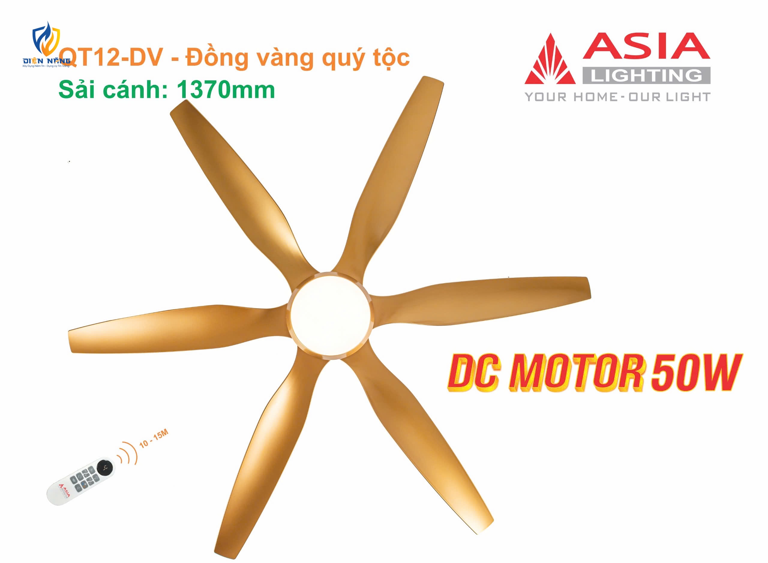 Quạt trần đèn cao cấp 6 cánh - sải cánh 1370 - QT12-DV-01 - Đồng vàng quý tộc - anh 3