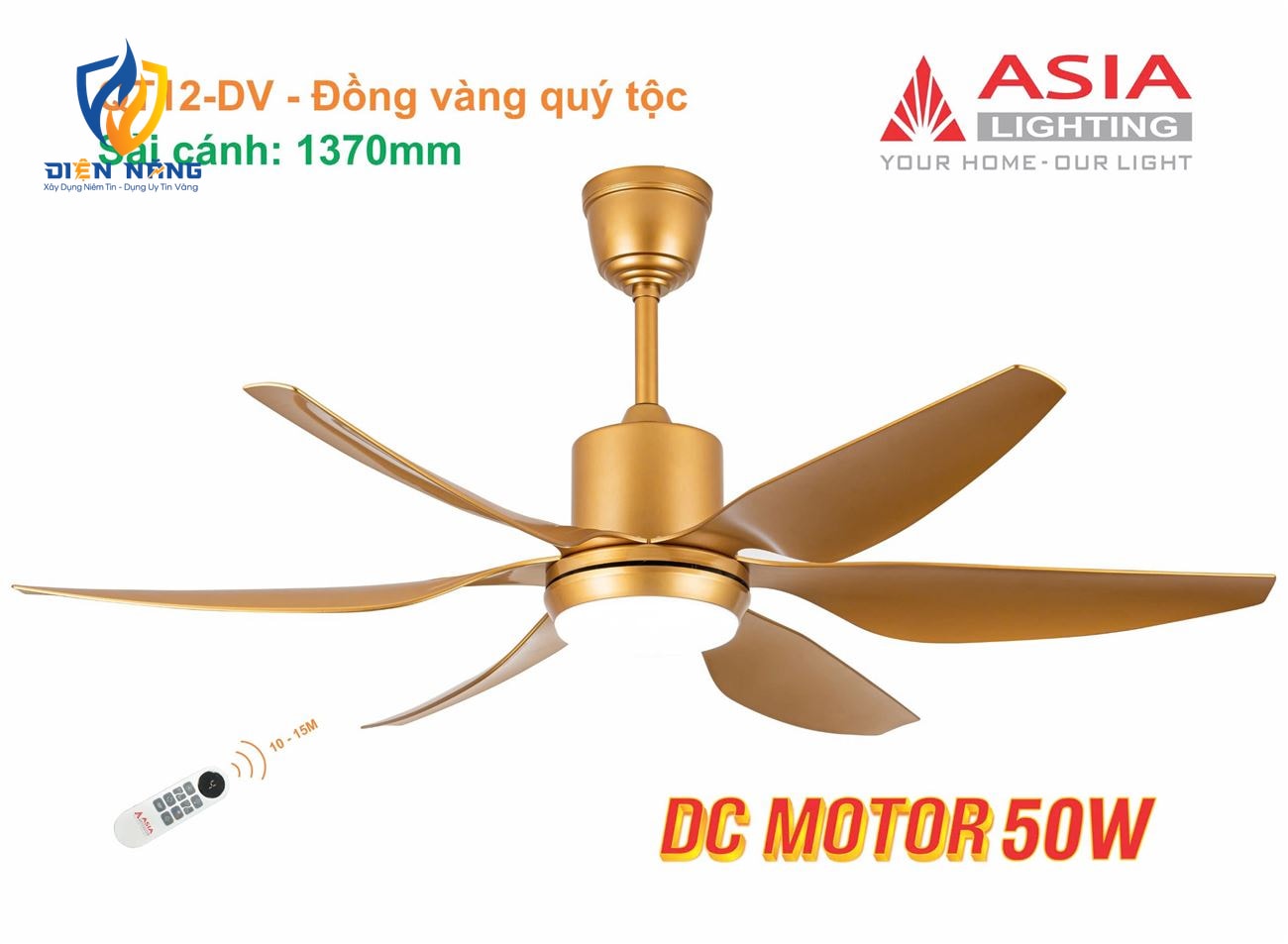 Quạt trần đèn cao cấp 6 cánh - sải cánh 1370 - QT12-DV-01 - Đồng vàng quý tộc
