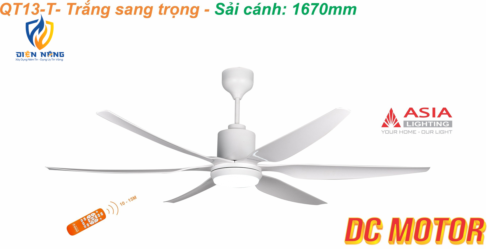 Quạt trần đèn cao cấp 6 cánh - sải cánh 1670 - QT13-T-01 - Trắng sang trọng