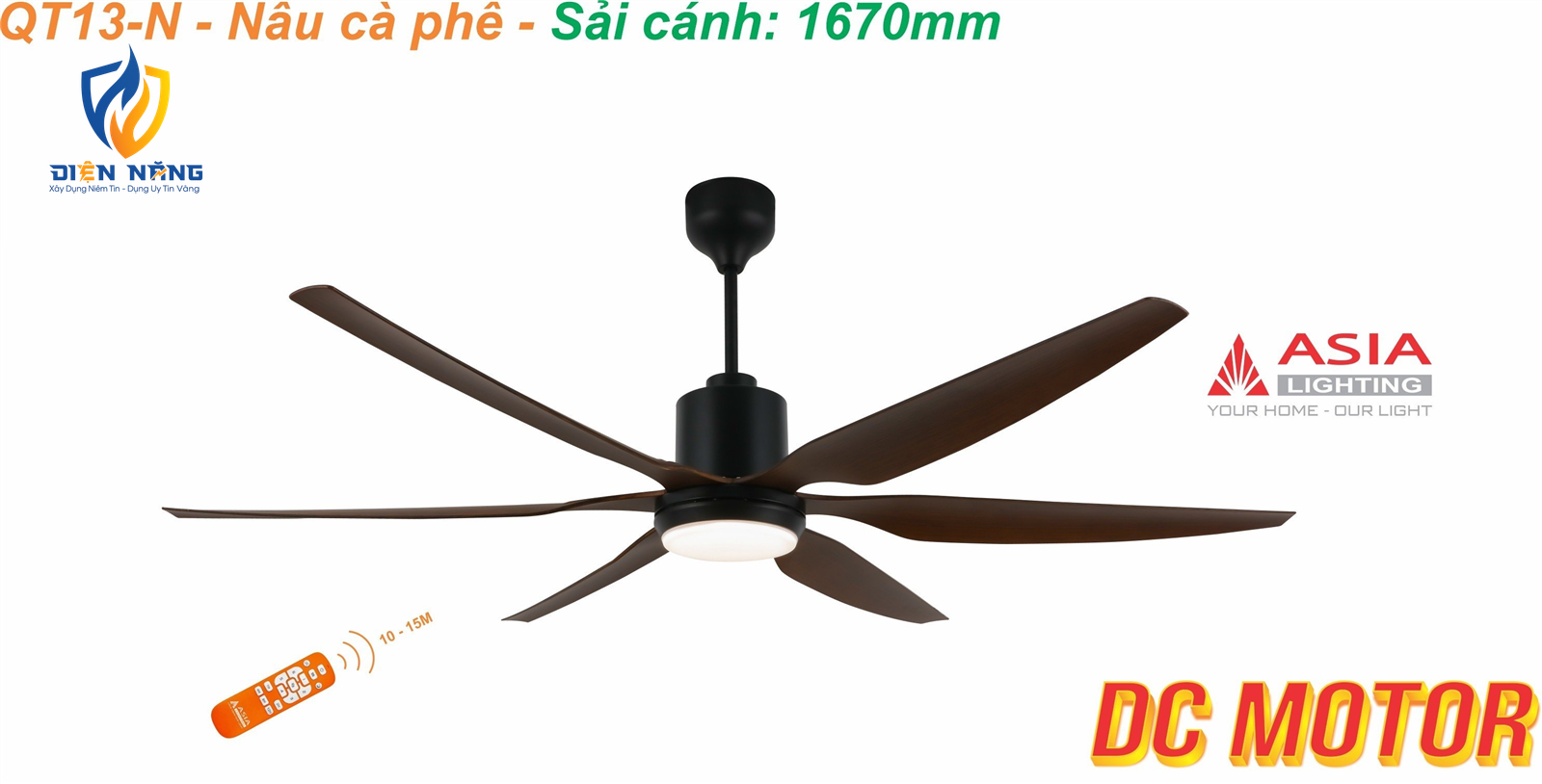 Quạt trần đèn cao cấp 6 cánh - sải cánh 1670 - QT13-N-01 - Nâu cà phê
