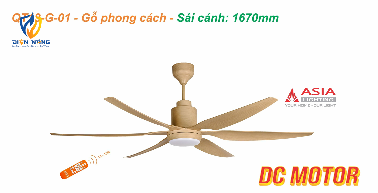 Quạt trần đèn cao cấp 6 cánh - sải cánh 1670 - QT13-G-01 - Gỗ phong cách