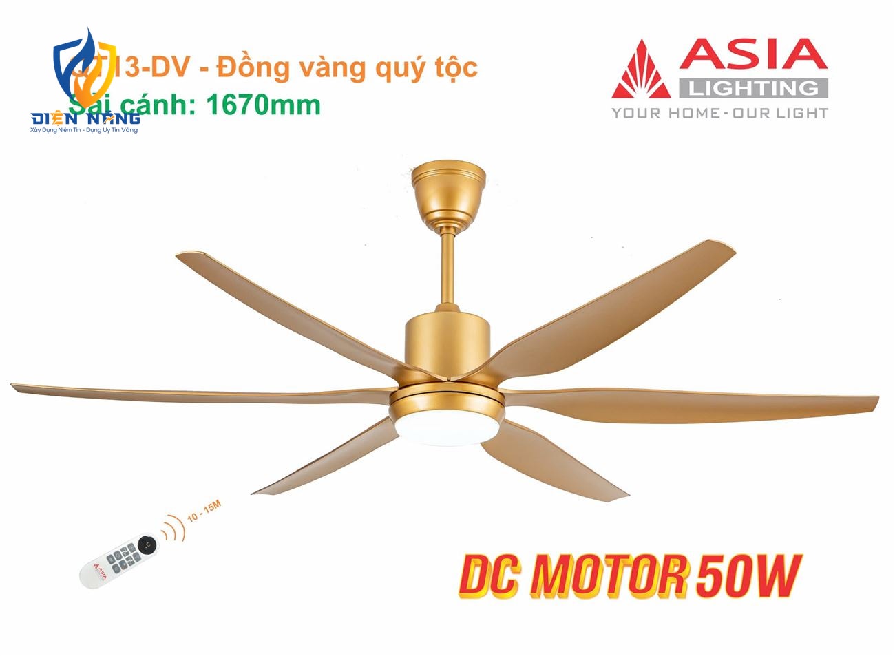 Quạt trần đèn cao cấp 6 cánh - sải cánh 1670 - QT13-DV - Đồng vàng quý tộc