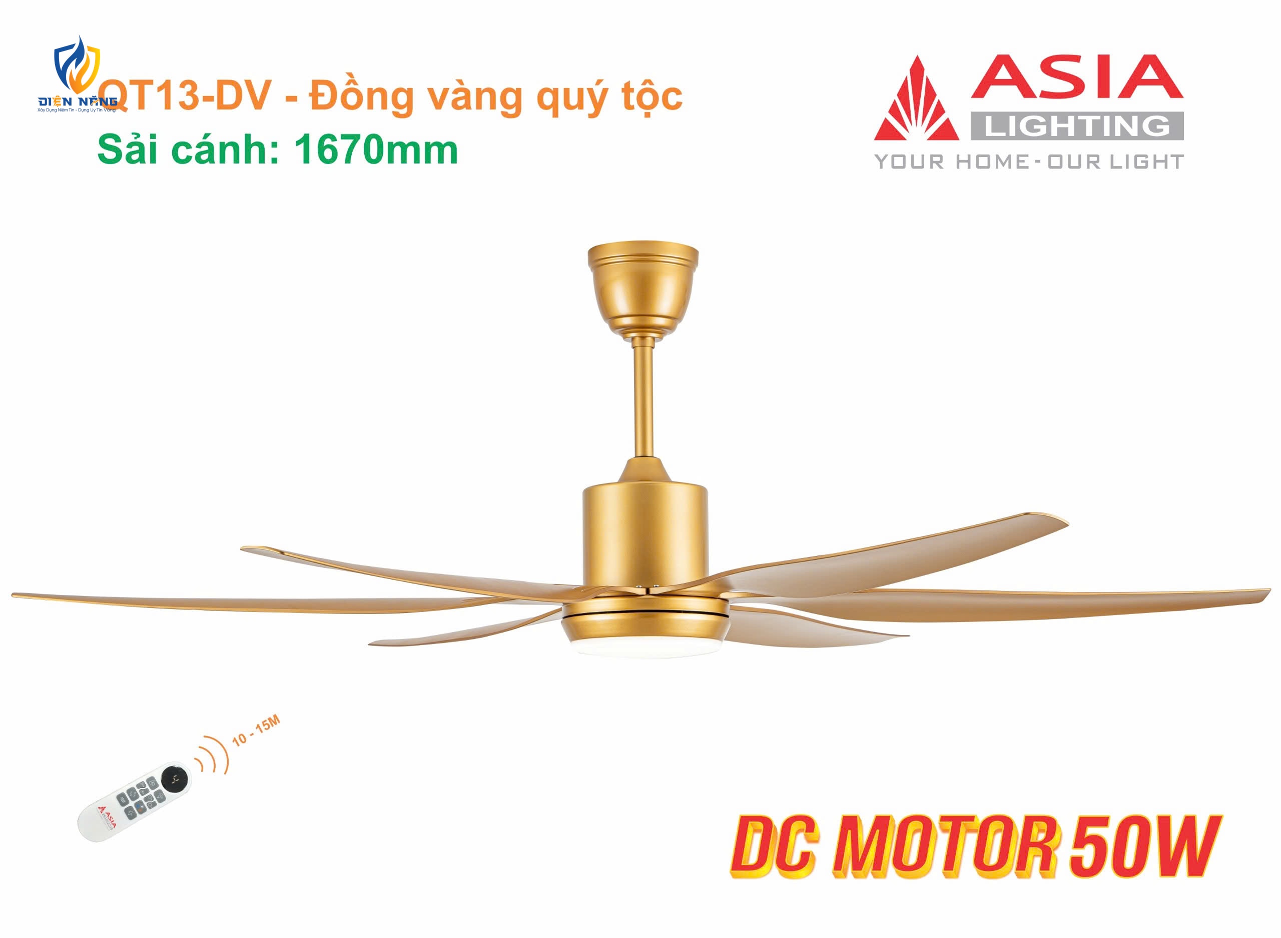 Quạt trần đèn cao cấp 6 cánh - sải cánh 1670 - QT13-DV - Đồng vàng quý tộc - anh 5