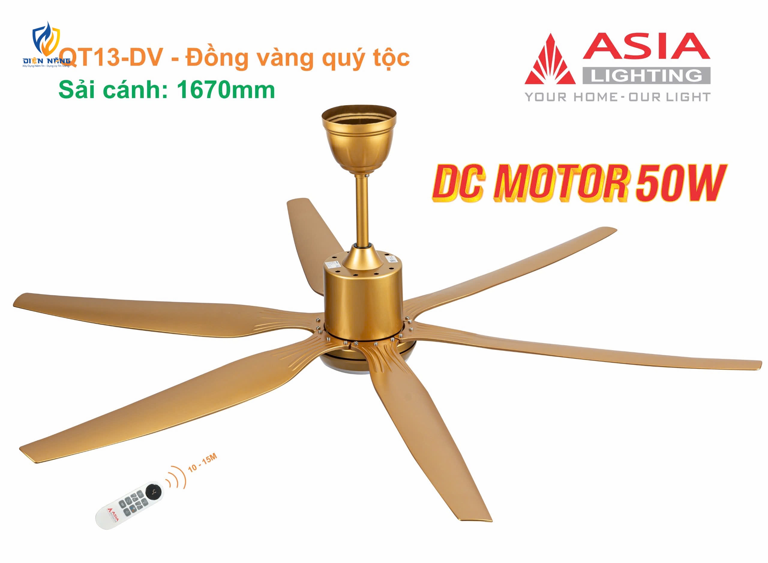 Quạt trần đèn cao cấp 6 cánh - sải cánh 1670 - QT13-DV - Đồng vàng quý tộc - anh 2