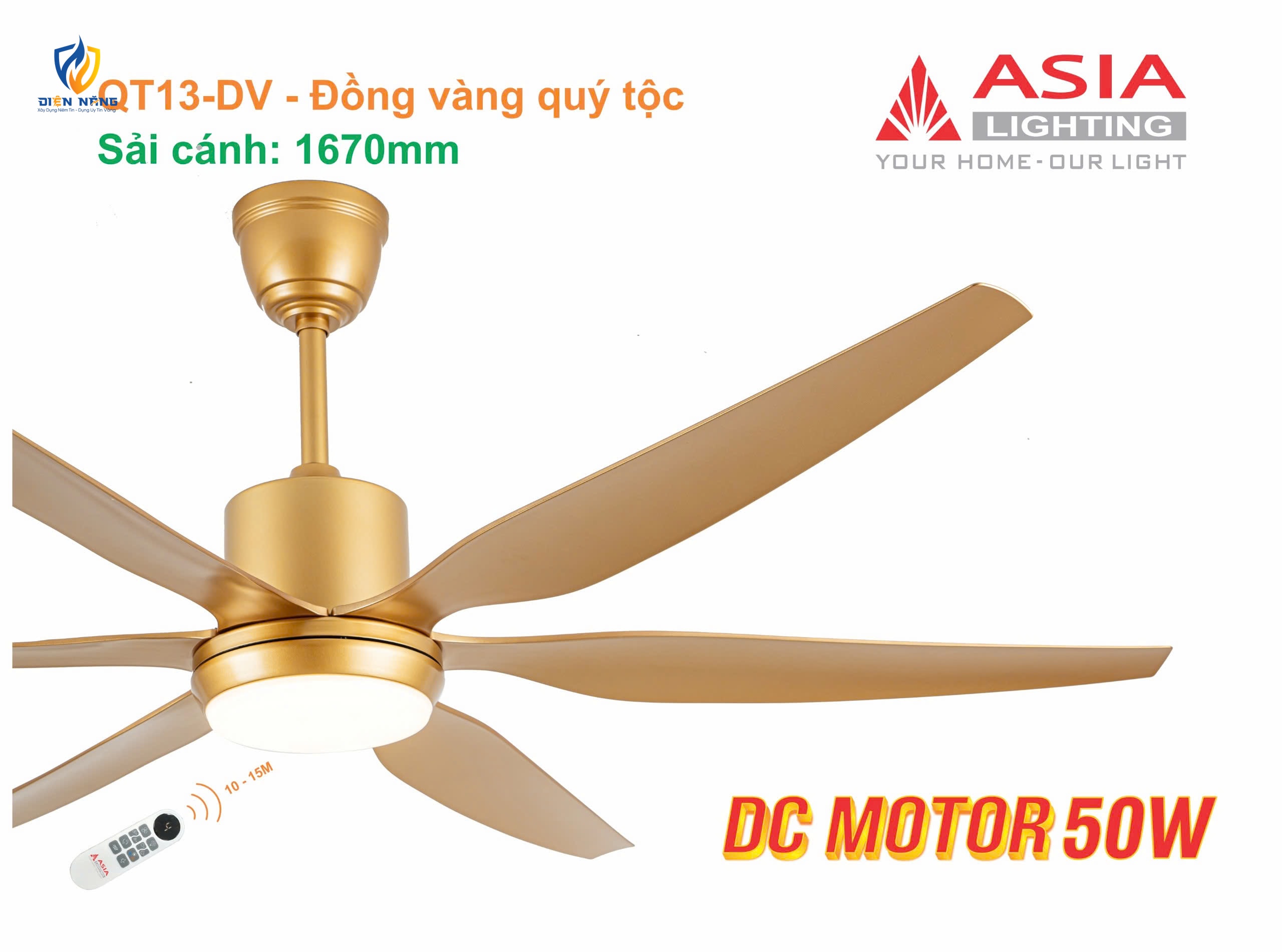 Quạt trần đèn cao cấp 6 cánh - sải cánh 1670 - QT13-DV - Đồng vàng quý tộc - anh 3