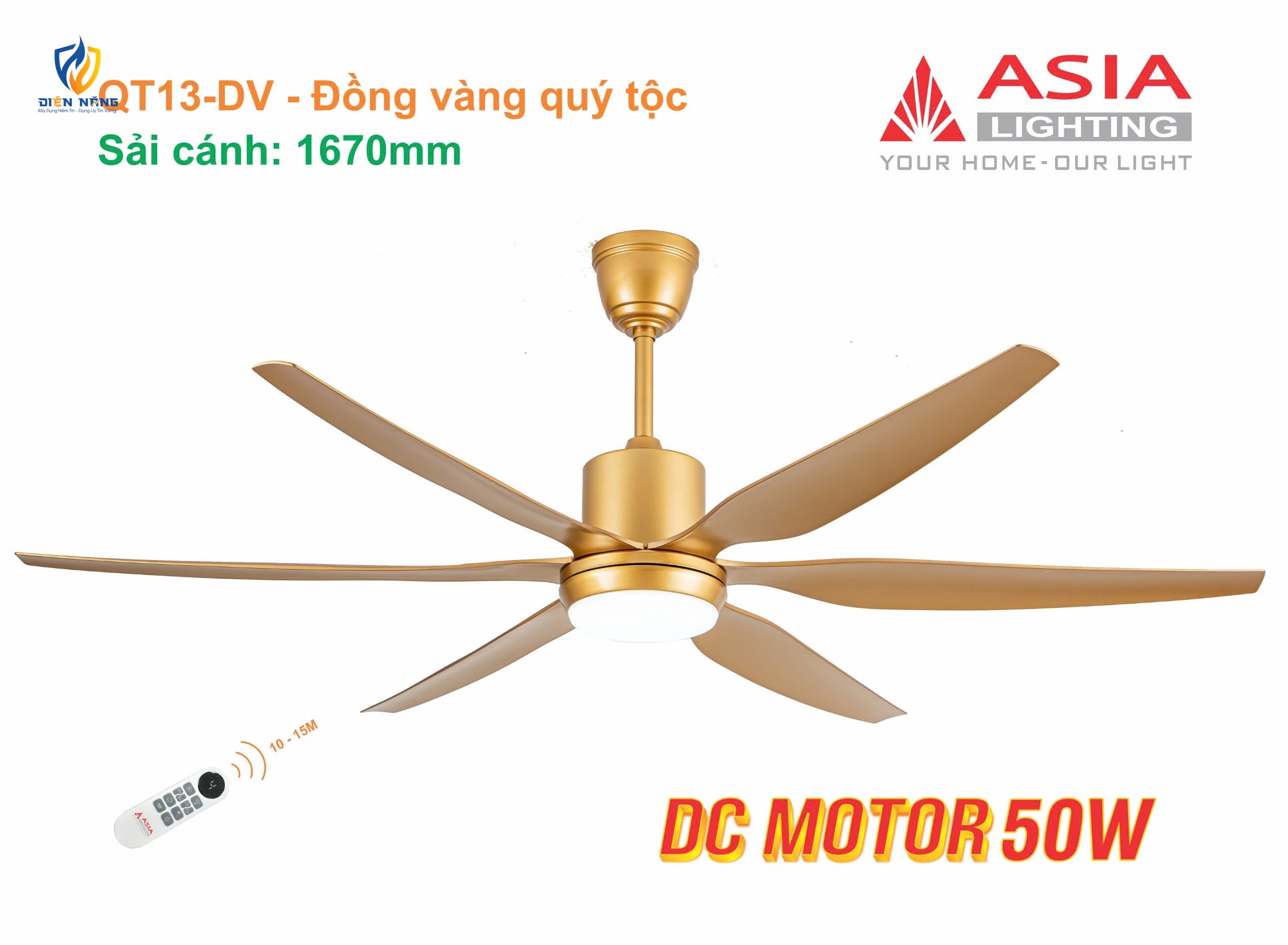 Quạt trần đèn cao cấp 6 cánh - sải cánh 1670 - QT13-DV - Đồng vàng quý tộc - anh 6