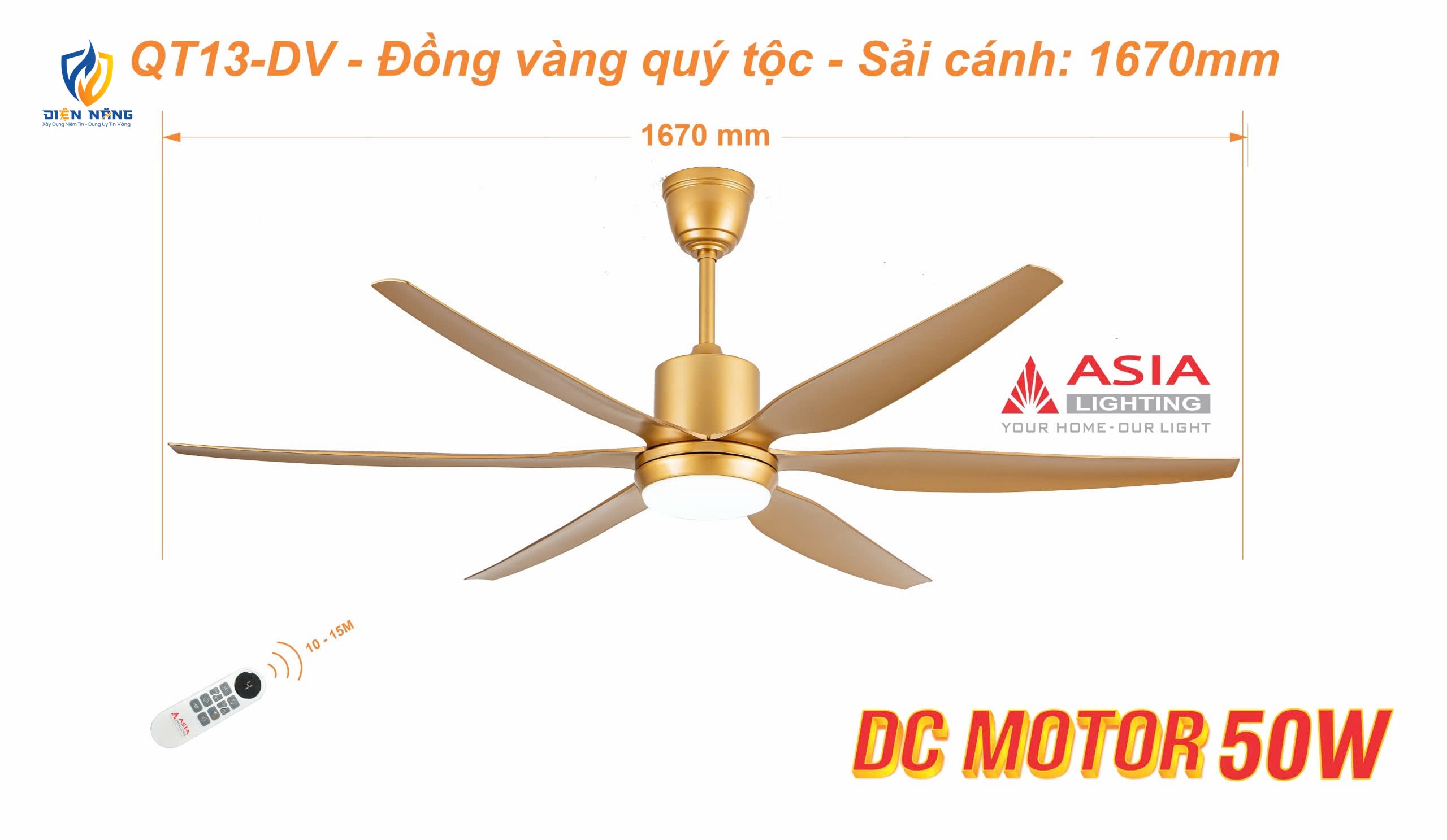Quạt trần đèn cao cấp 6 cánh - sải cánh 1670 - QT13-DV - Đồng vàng quý tộc - anh 7
