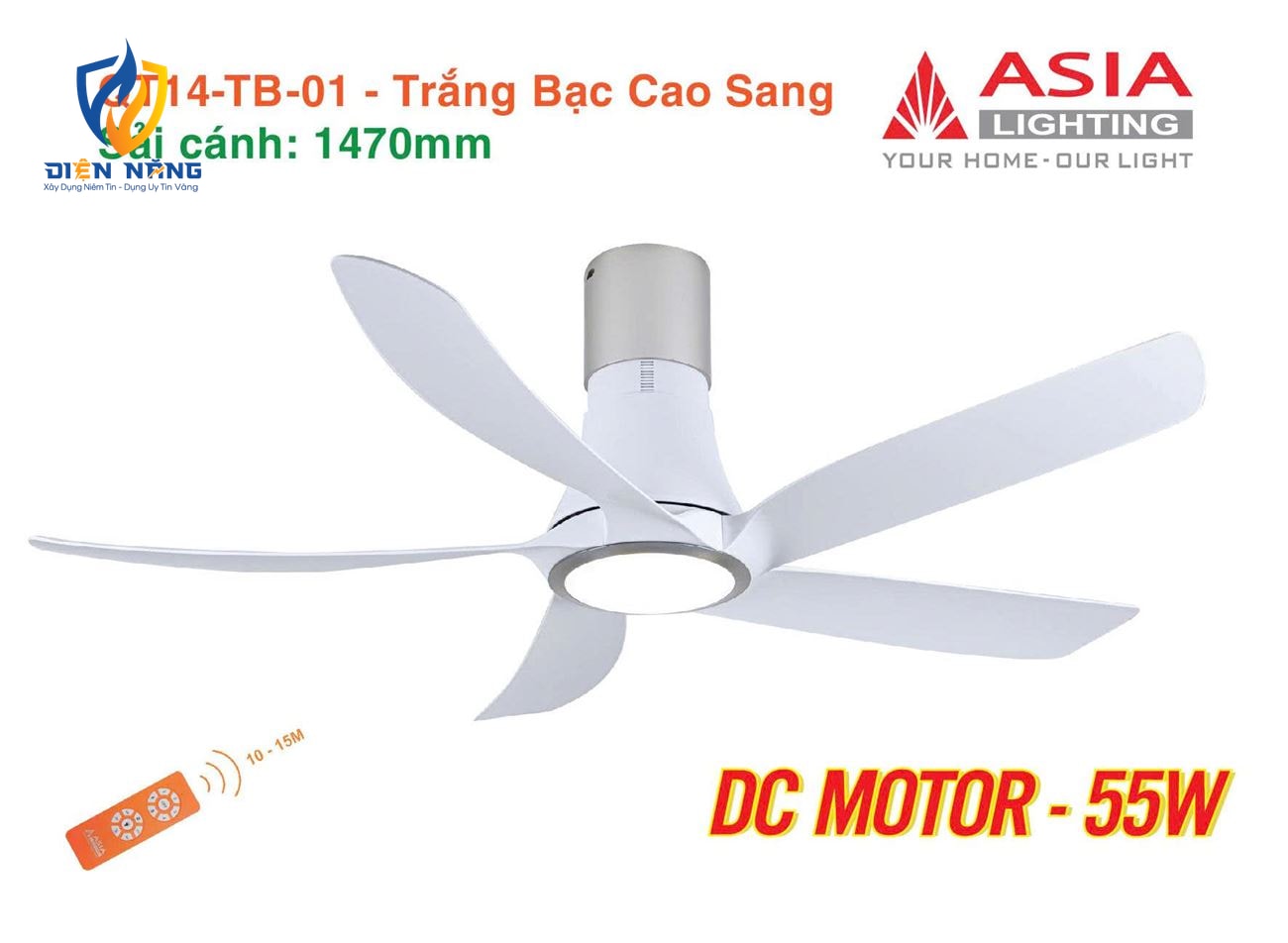 Quạt trần đèn cao cấp 05 cánh QT14 - Trắng bạc cao sang