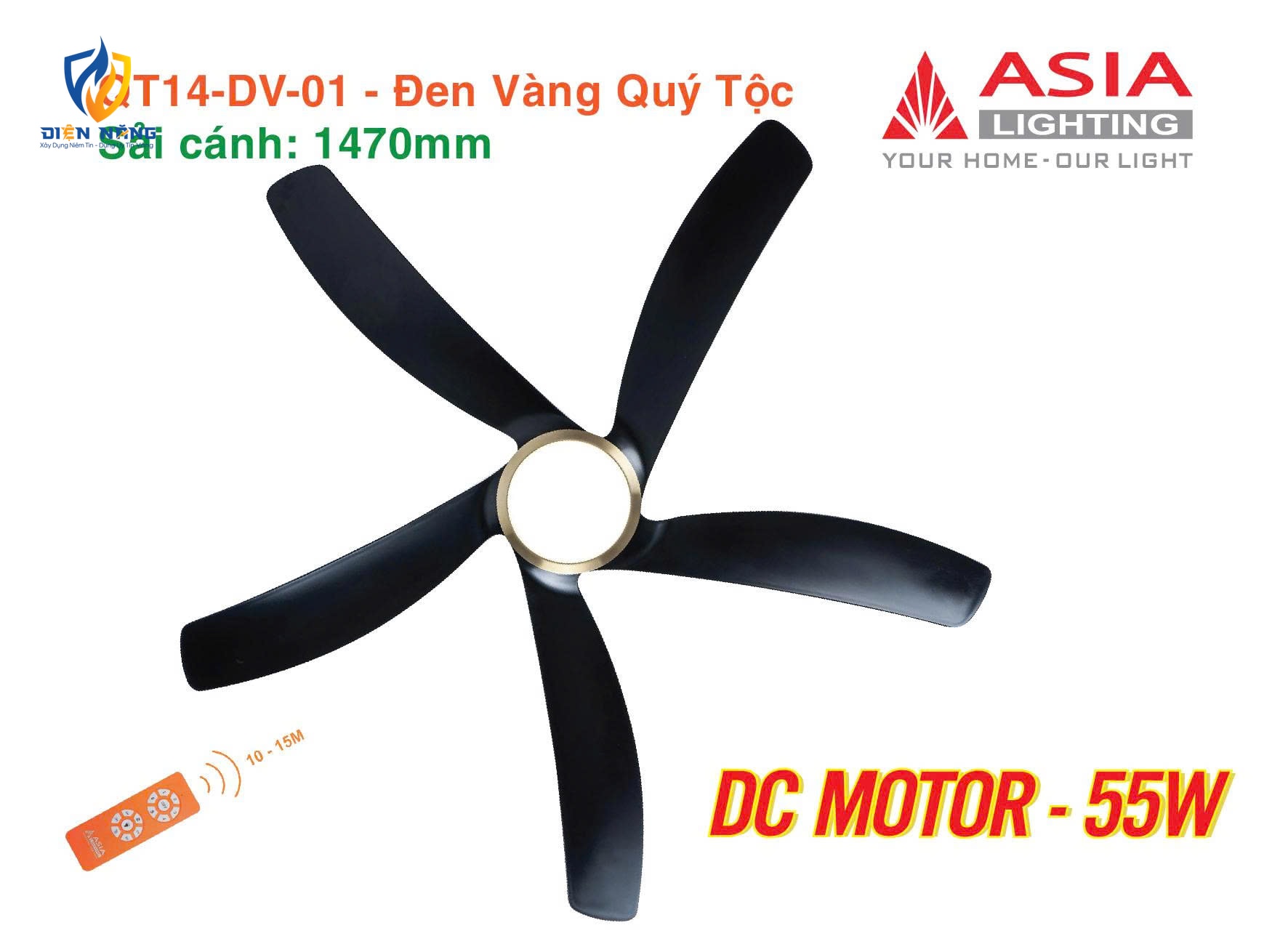 Quạt trần đèn cao cấp 05 cánh QT14 - Đen vàng quý tộc - anh 3